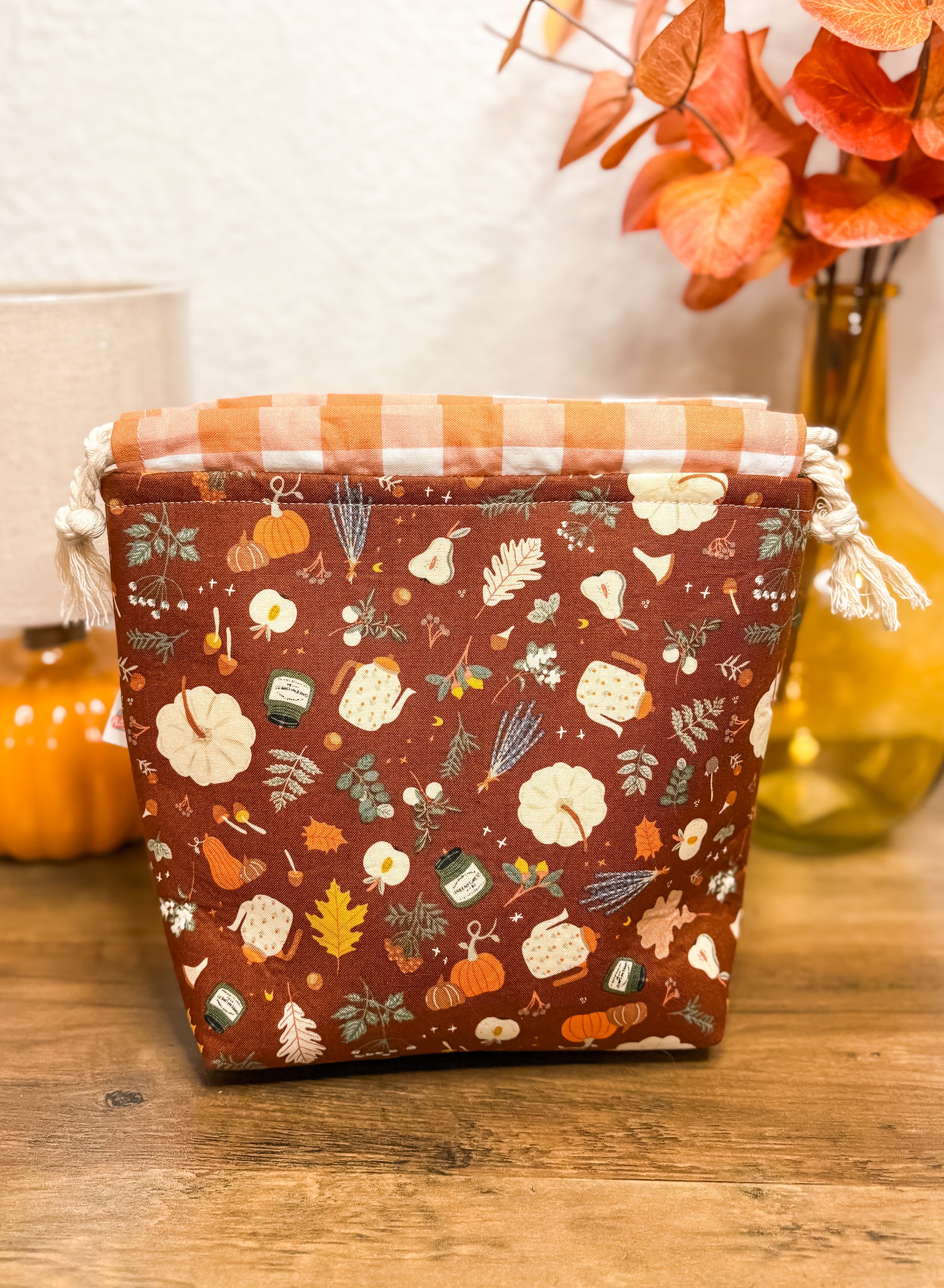 Falling For Fall Drawstring Project Bag with Pocket for Knitting and Crochet