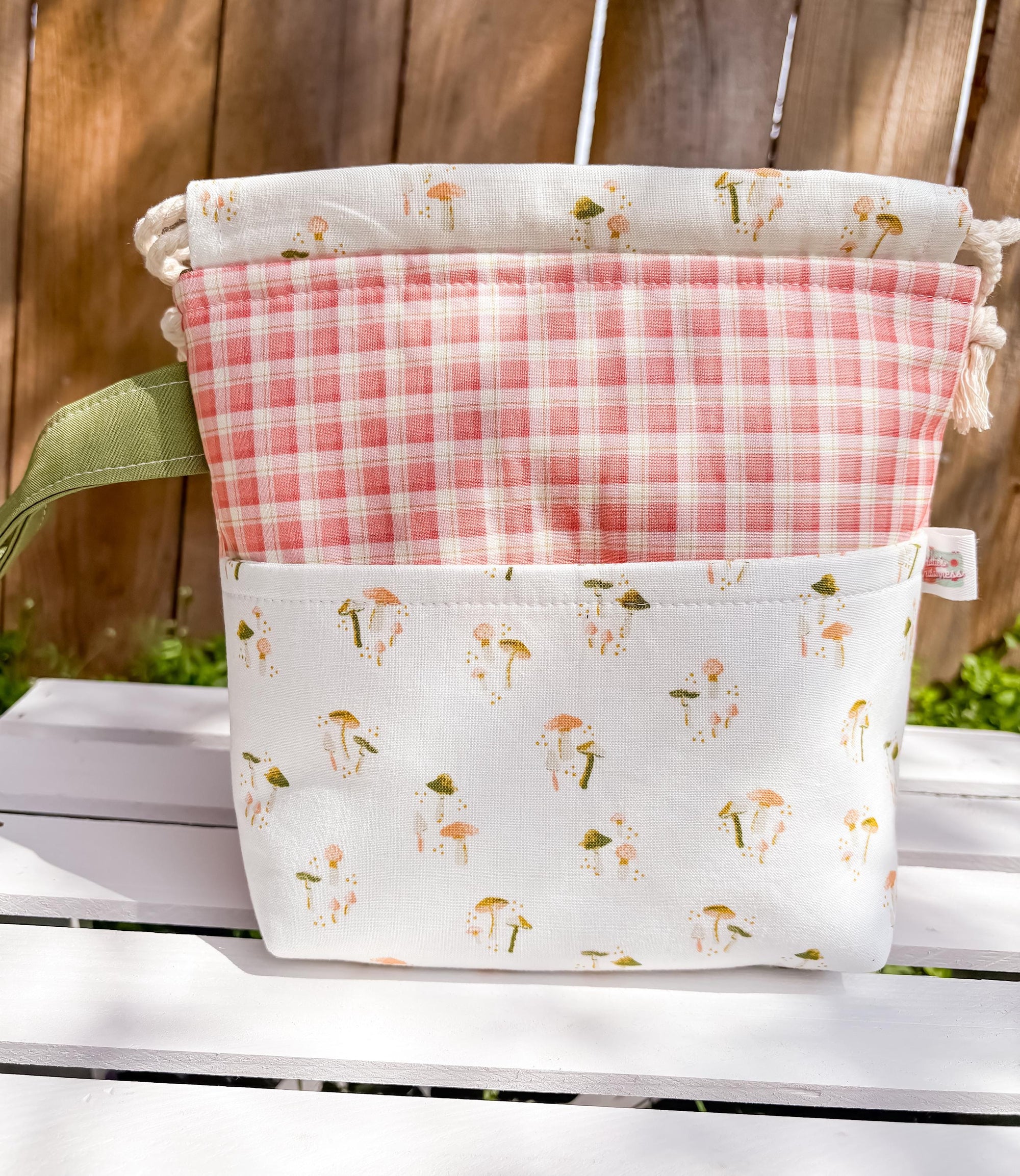 Fungi Picnic Project Bag with Pocket and Drawstring