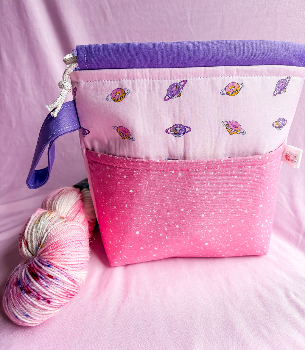 Planet Delicious Small Drawstring Project Bag with Pocket for Knitting and Crochet