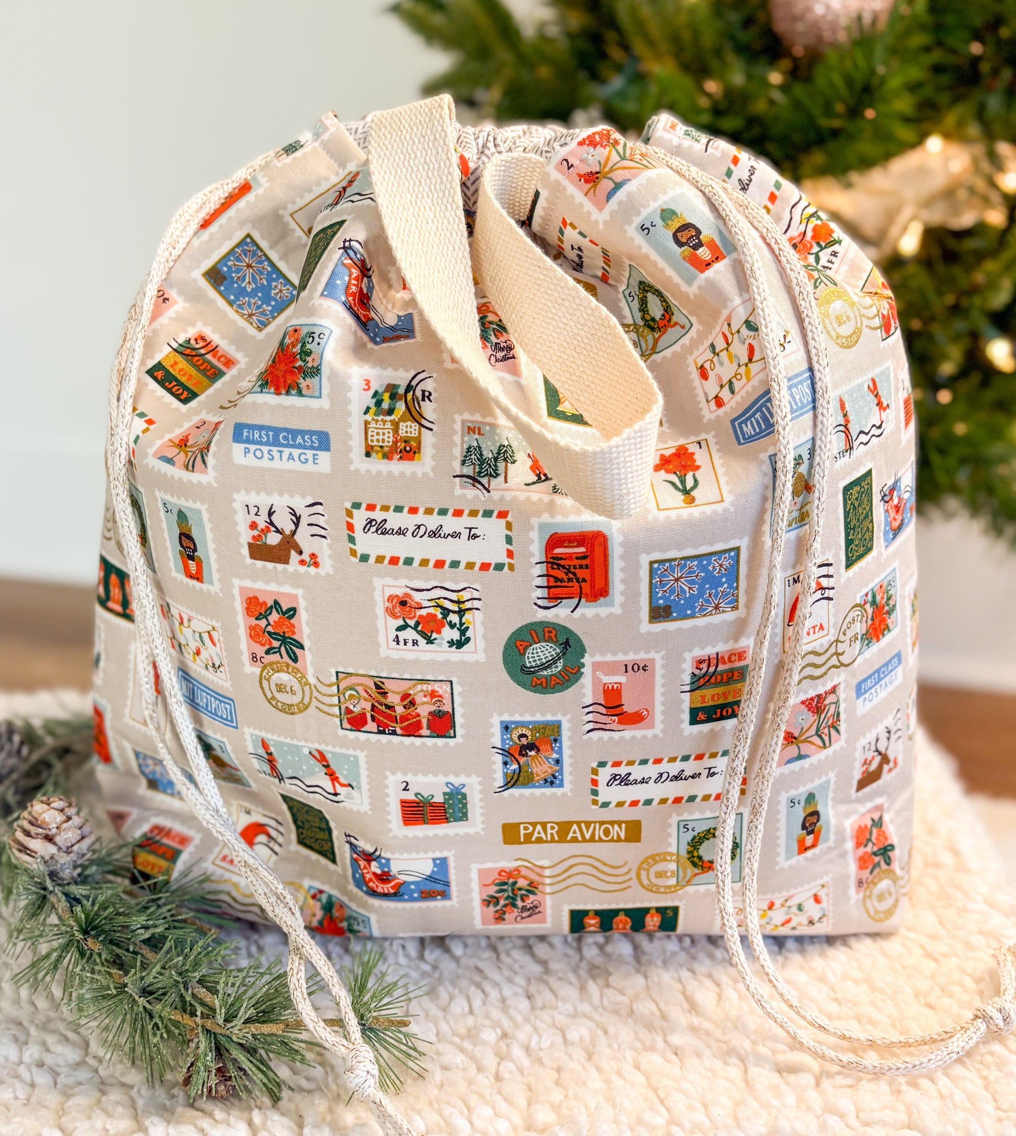 Letters to Santa Sweater Sized Drawstring Project Bag with Zipper Pockets for Knitting and Crochet