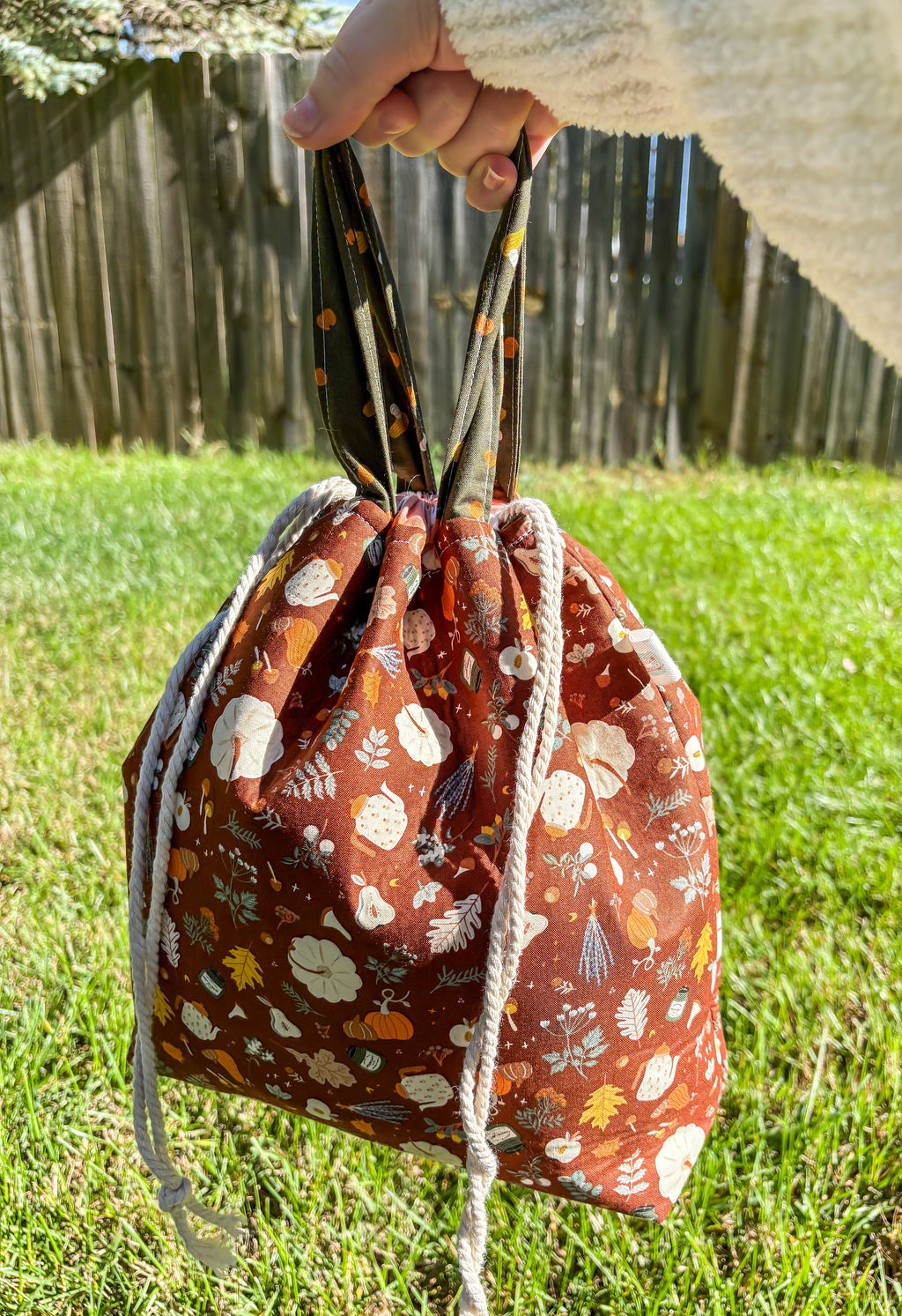 Falling For Fall Sweater Sized Drawstring Project Bag with Pocket for Knitting and Crochet