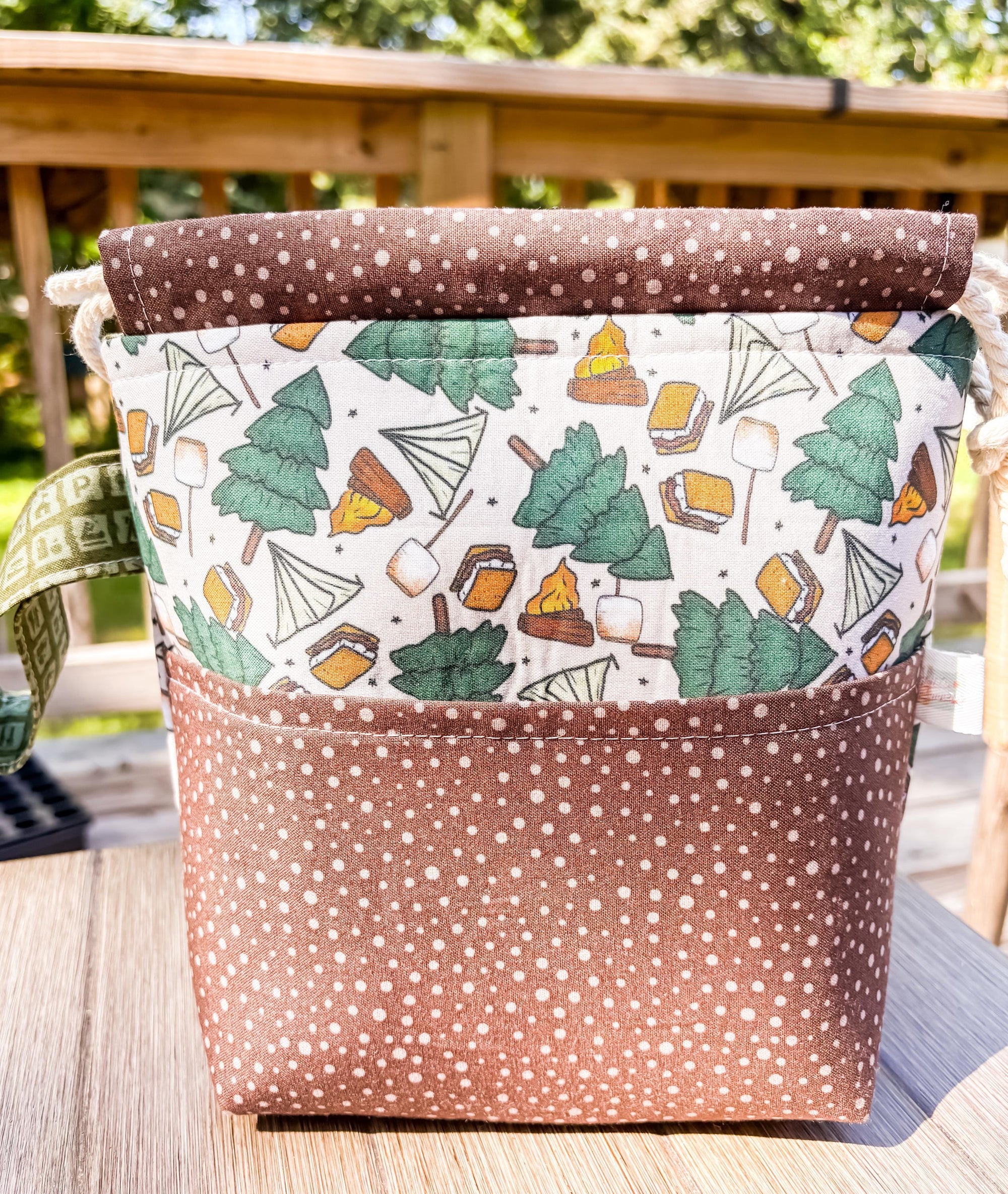 Camping Trip Project Bag with Pocket and Drawstring for Knitting and Crochet