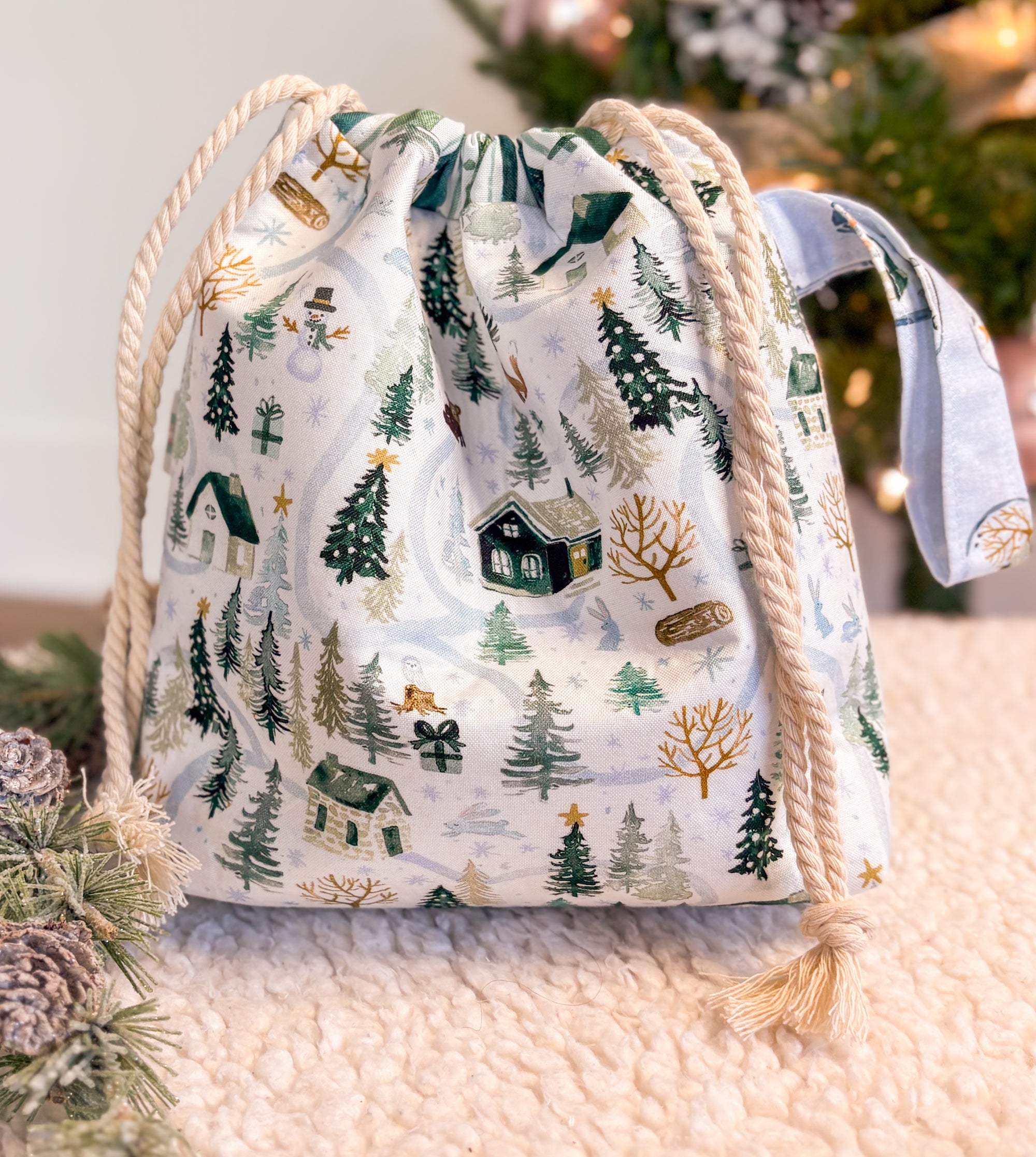 Winter Woods Drawstring Project bag with Pocket for Knitting and Crochet