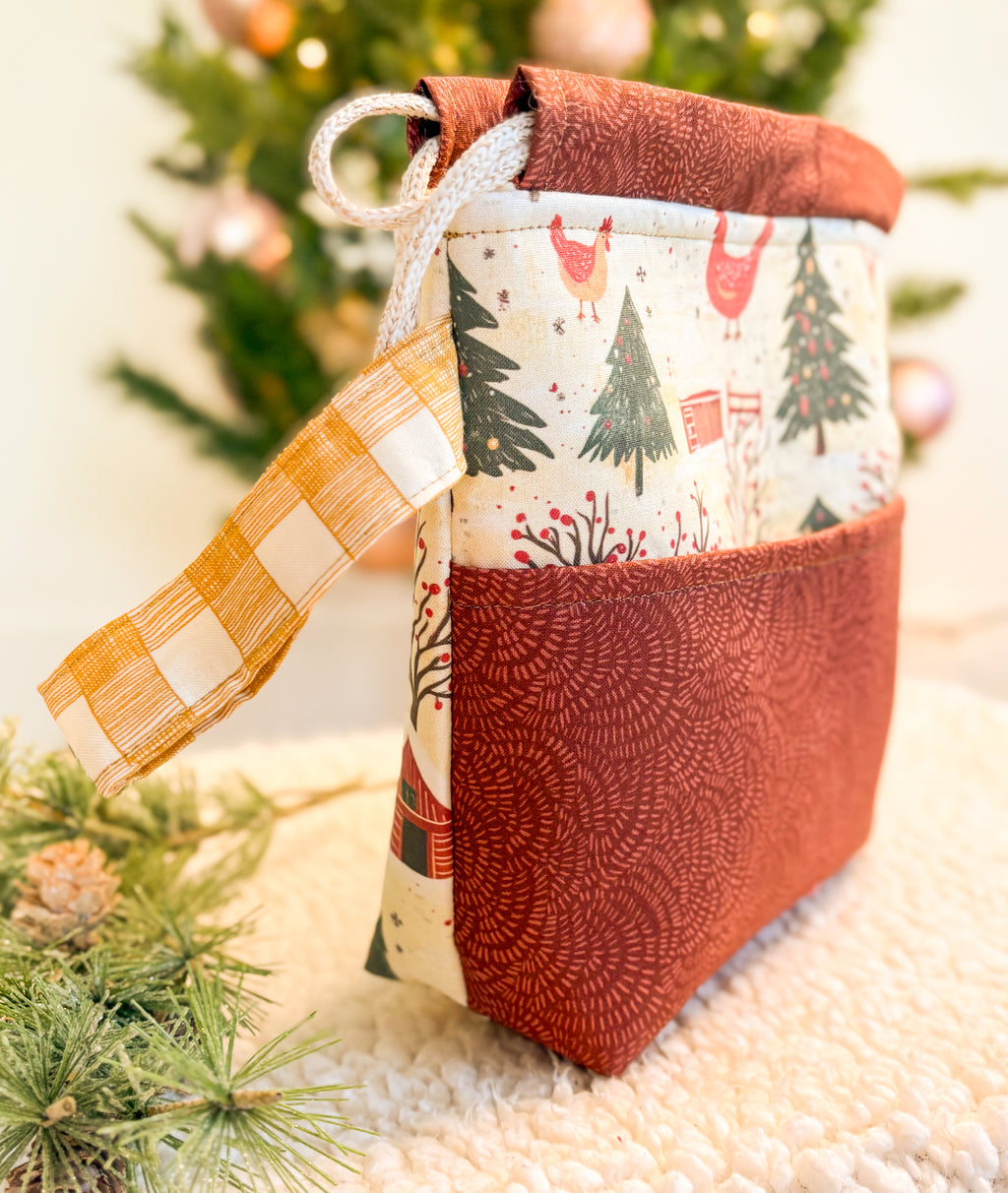 Merry Chickmas Drawstring Project bag with Pocket for Knitting and Crochet