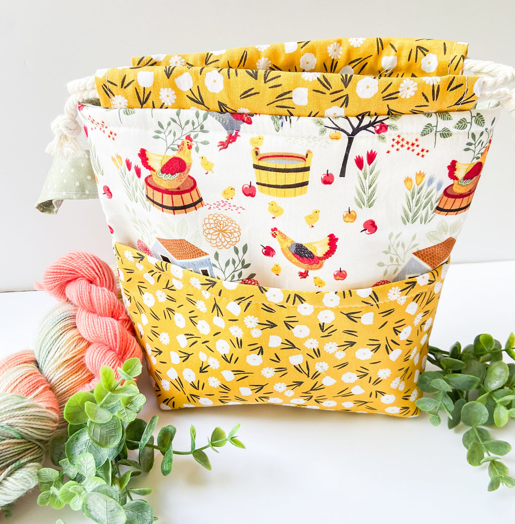 The Sunny Chicken Drawstring Project Bag with Pocket