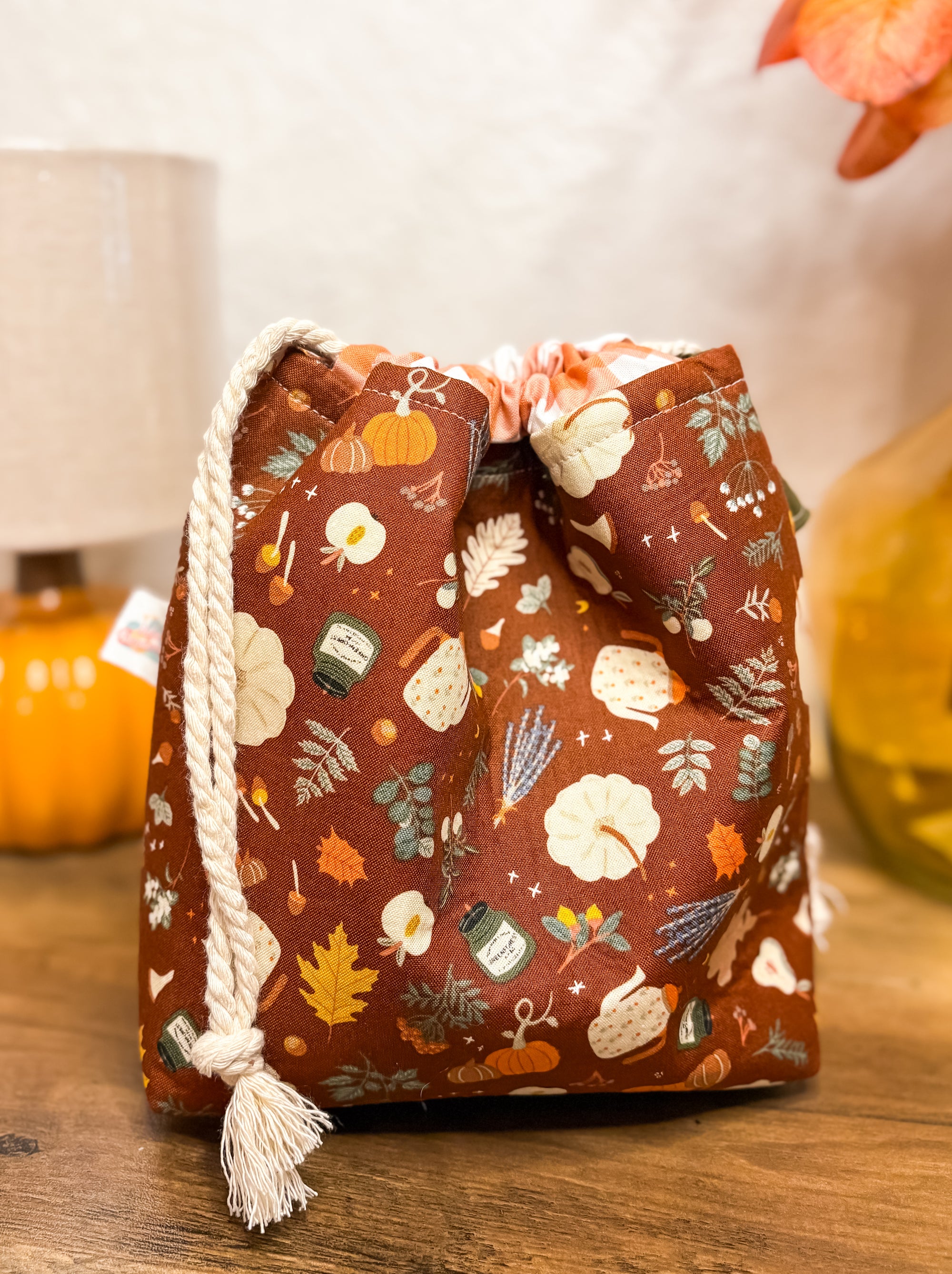 Falling For Fall Drawstring Project Bag with Pocket for Knitting and Crochet