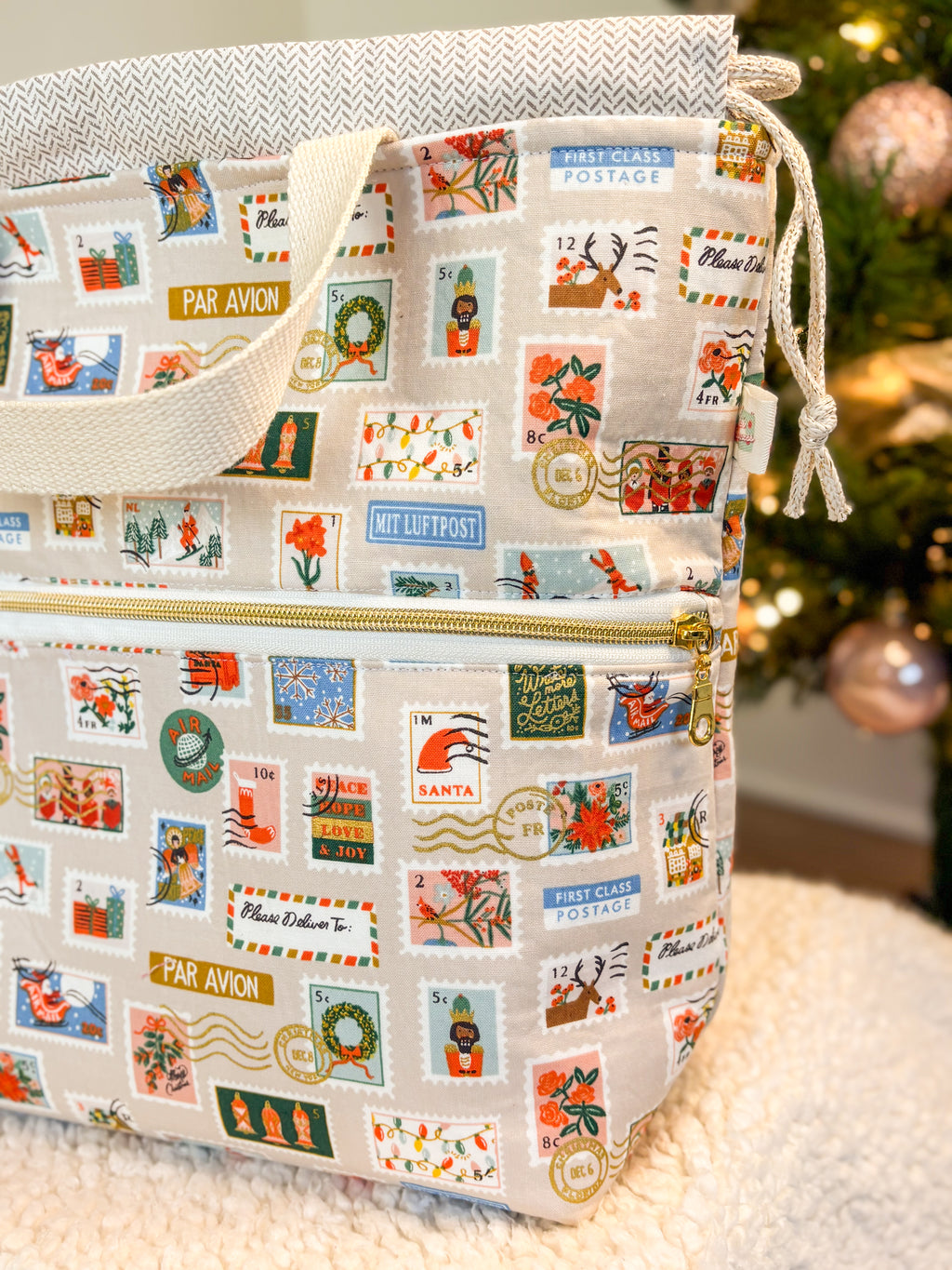 Letters to Santa Sweater Sized Drawstring Project Bag with Zipper Pockets for Knitting and Crochet