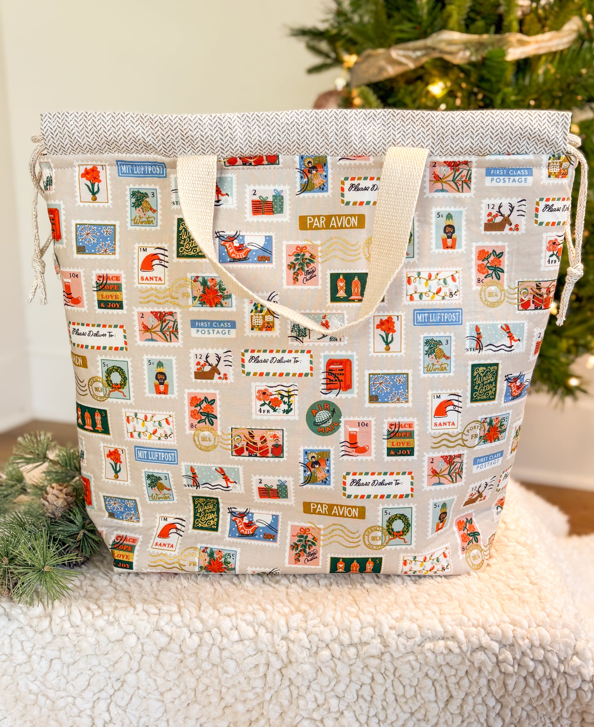Letters to Santa Sweater Sized Drawstring Project Bag with Zipper Pockets for Knitting and Crochet