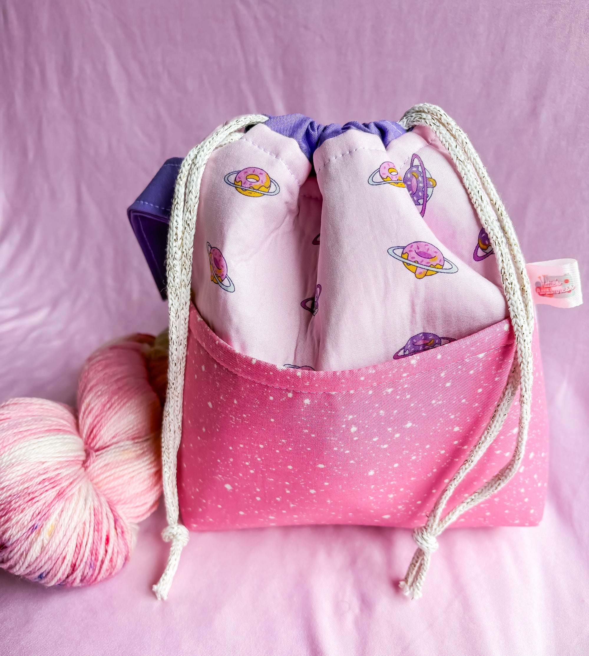 Planet Delicious Small Drawstring Project Bag with Pocket for Knitting and Crochet