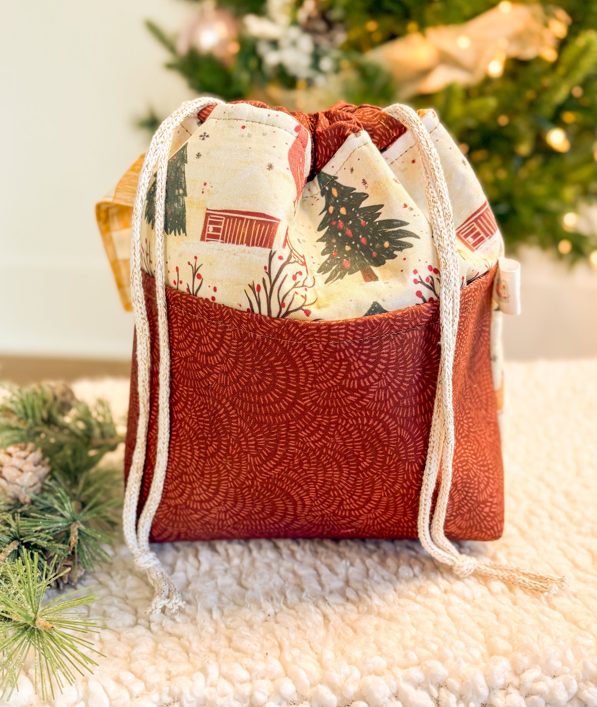Merry Chickmas Drawstring Project bag with Pocket for Knitting and Crochet