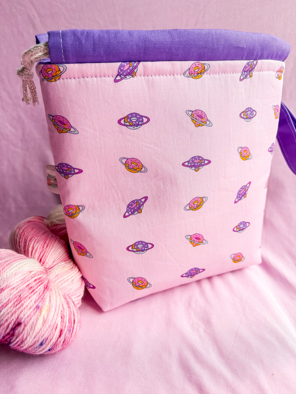 Planet Delicious Small Drawstring Project Bag with Pocket for Knitting and Crochet
