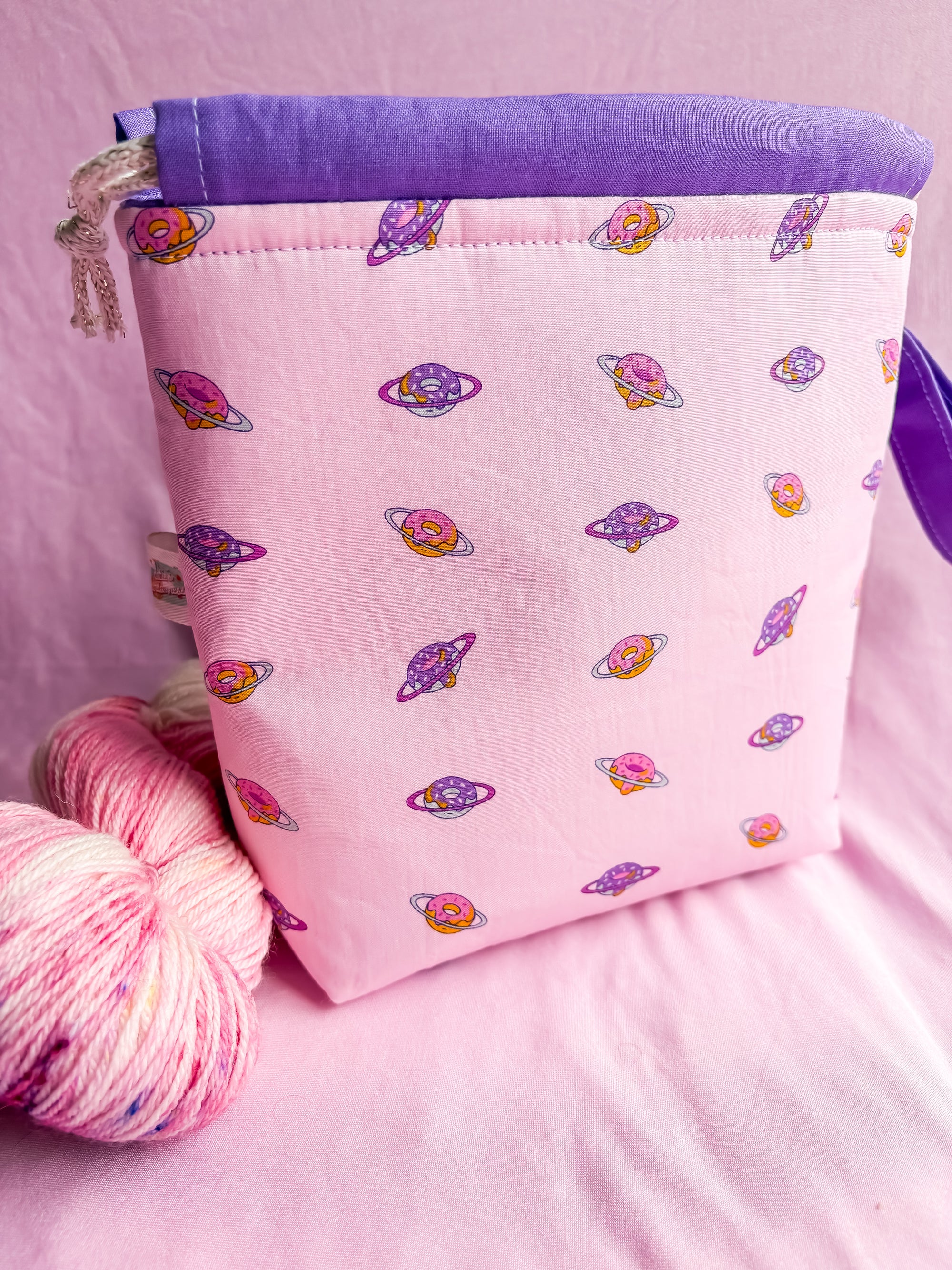 Planet Delicious Small Drawstring Project Bag with Pocket for Knitting and Crochet