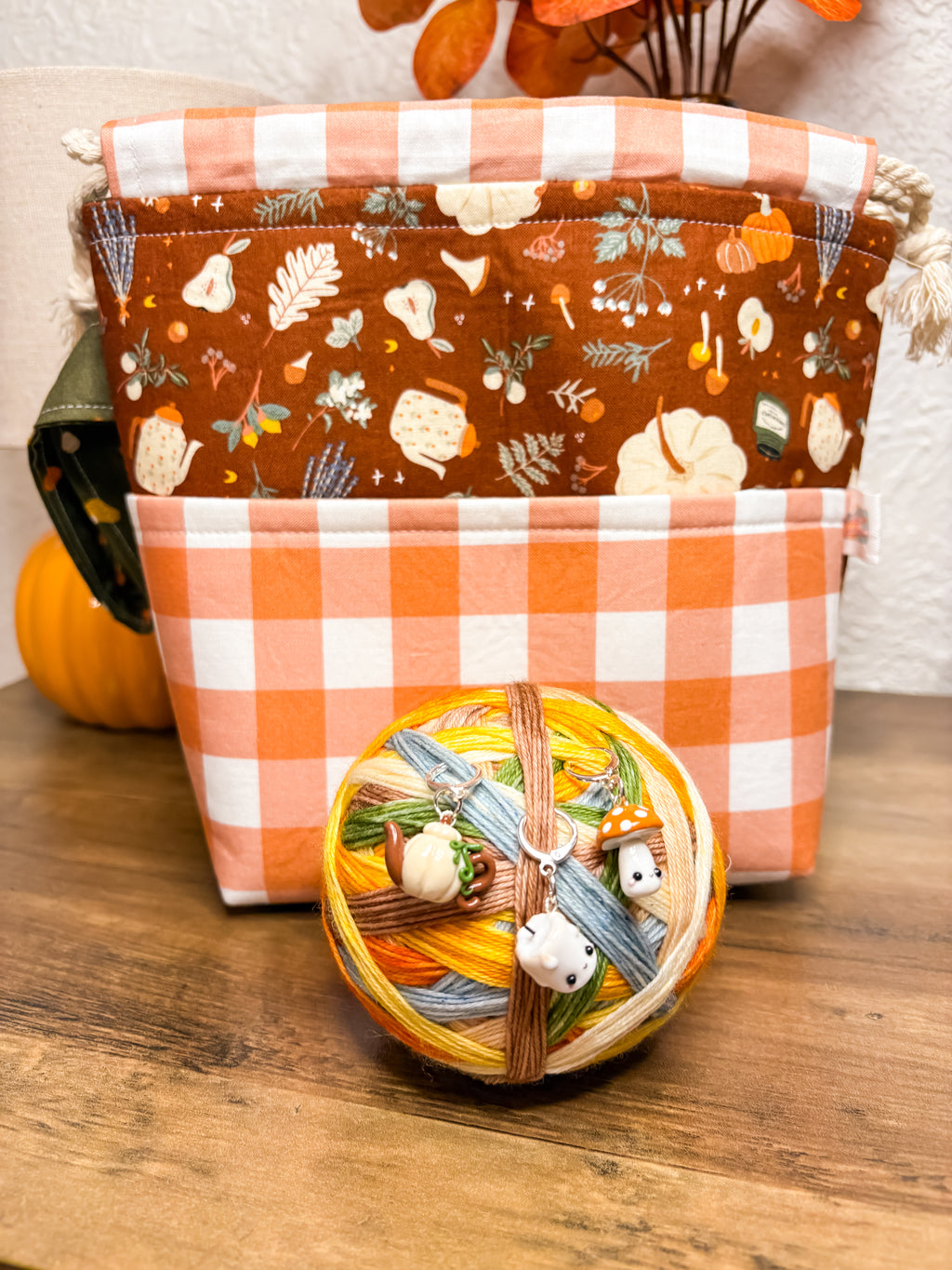 Falling For Fall Drawstring Project Bag with Pocket for Knitting and Crochet