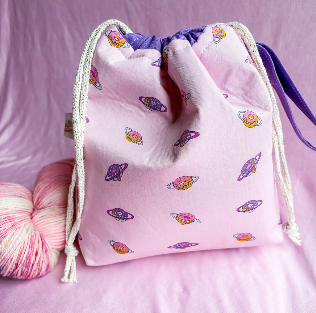 Planet Delicious Small Drawstring Project Bag with Pocket for Knitting and Crochet