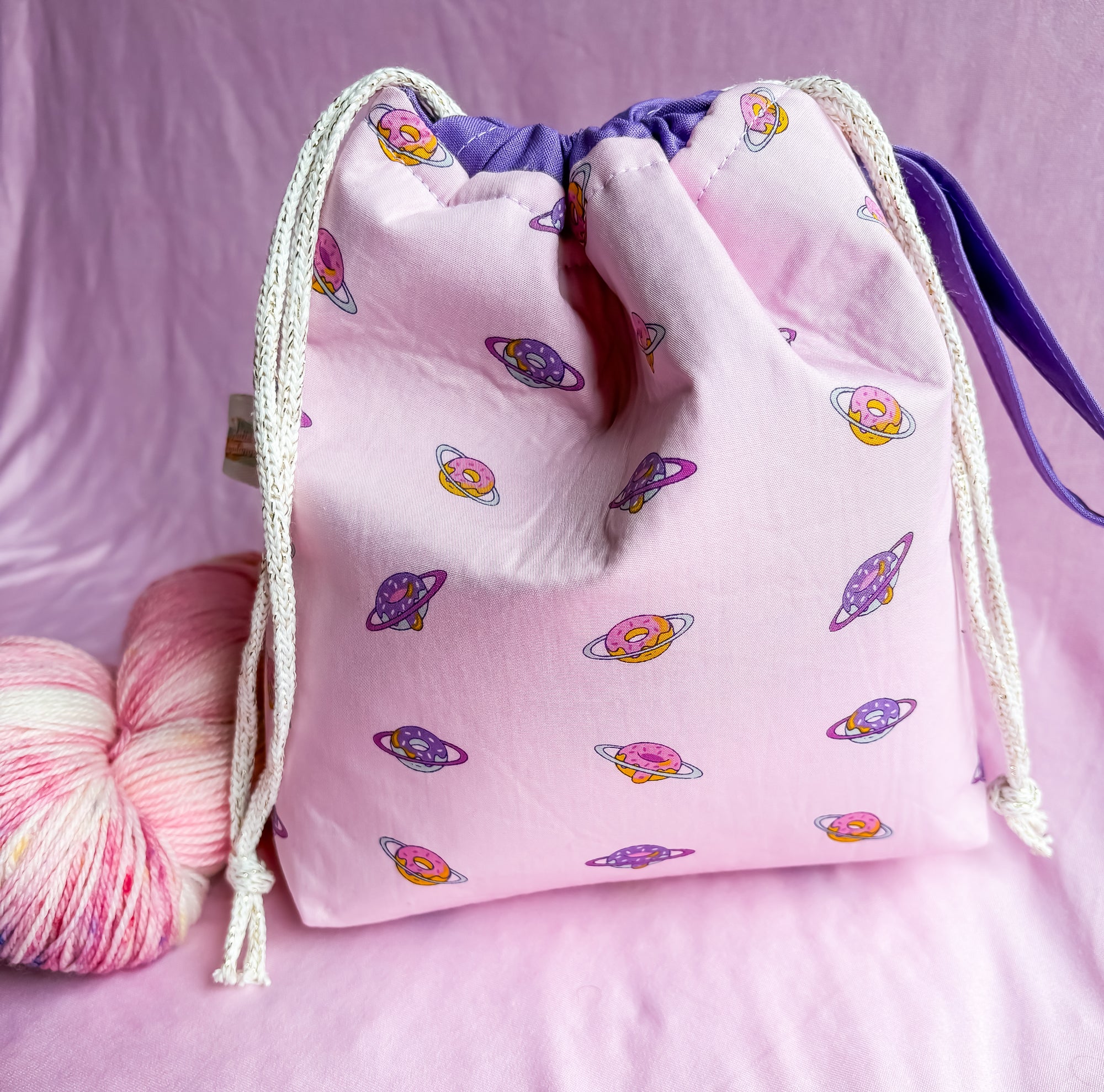 Planet Delicious Small Drawstring Project Bag with Pocket for Knitting and Crochet