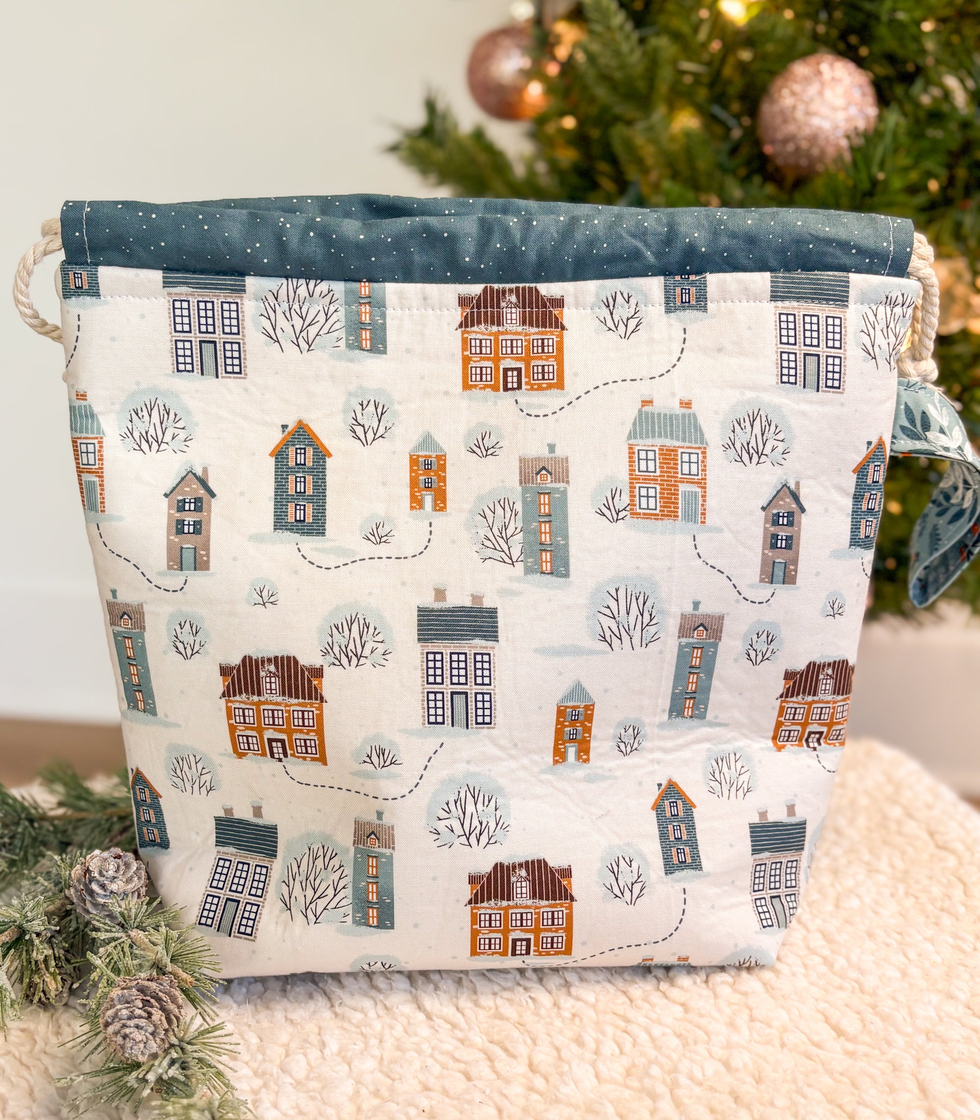 Winter Wonderland Drawstring Project Bag with Pocket for Knitting and Crochet