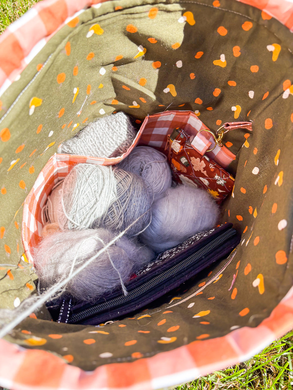 Falling For Fall Sweater Sized Drawstring Project Bag with Pocket for Knitting and Crochet