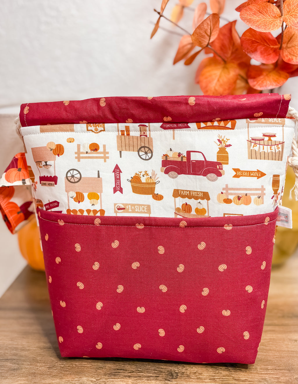 Cider and Pumpkin Spice Drawstring Bag with Pocket (Medium and Regular Size)