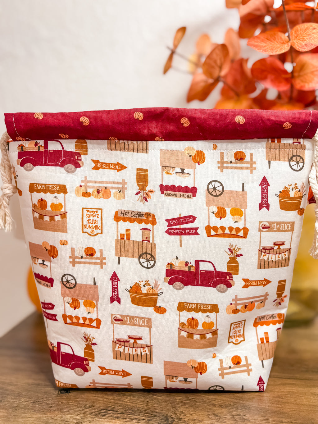 Cider and Pumpkin Spice Drawstring Bag with Pocket (Medium and Regular Size)