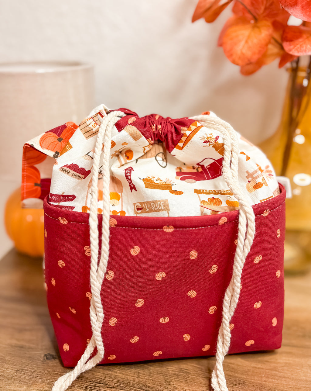 Cider and Pumpkin Spice Drawstring Bag with Pocket (Medium and Regular Size)