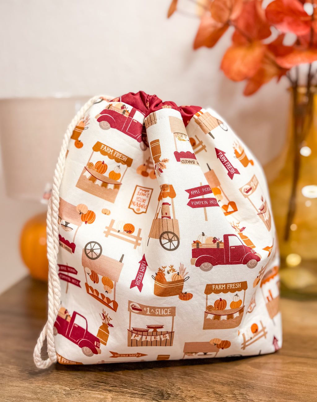 Cider and Pumpkin Spice Drawstring Bag with Pocket (Medium and Regular Size)