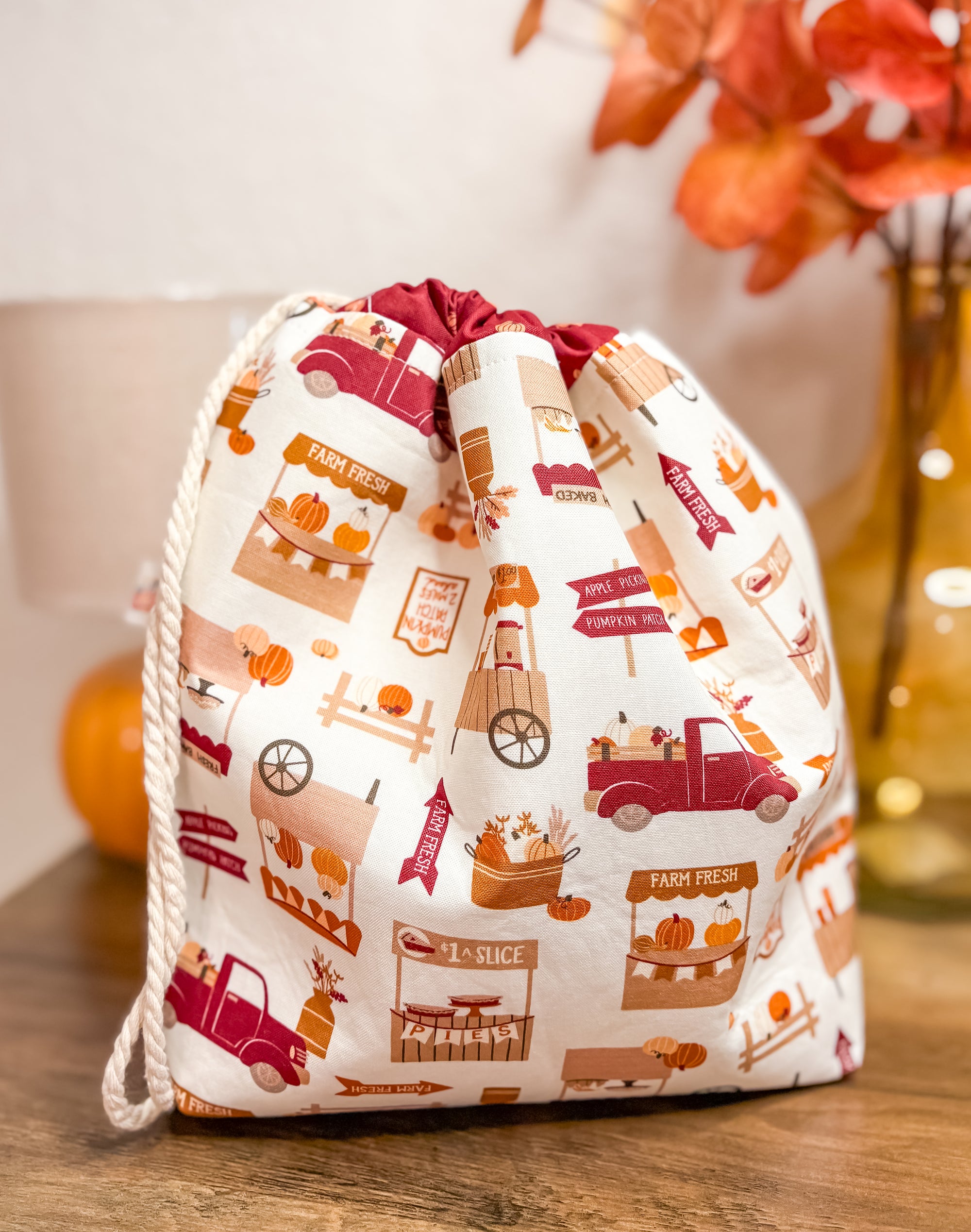 Cider and Pumpkin Spice Drawstring Bag with Pocket (Medium and Regular Size)