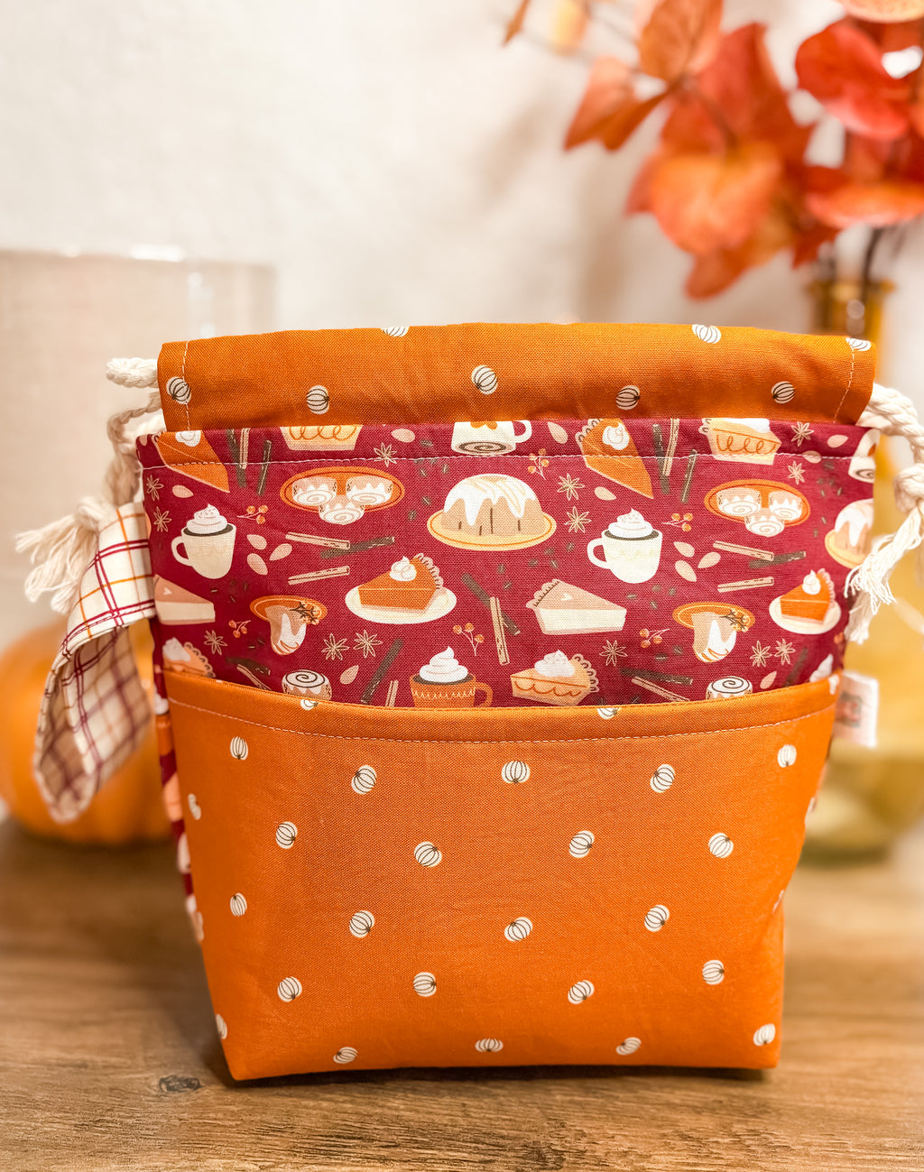 Cider and Pumpkin Spice Drawstring Bag with Pocket (Medium and Regular Size)