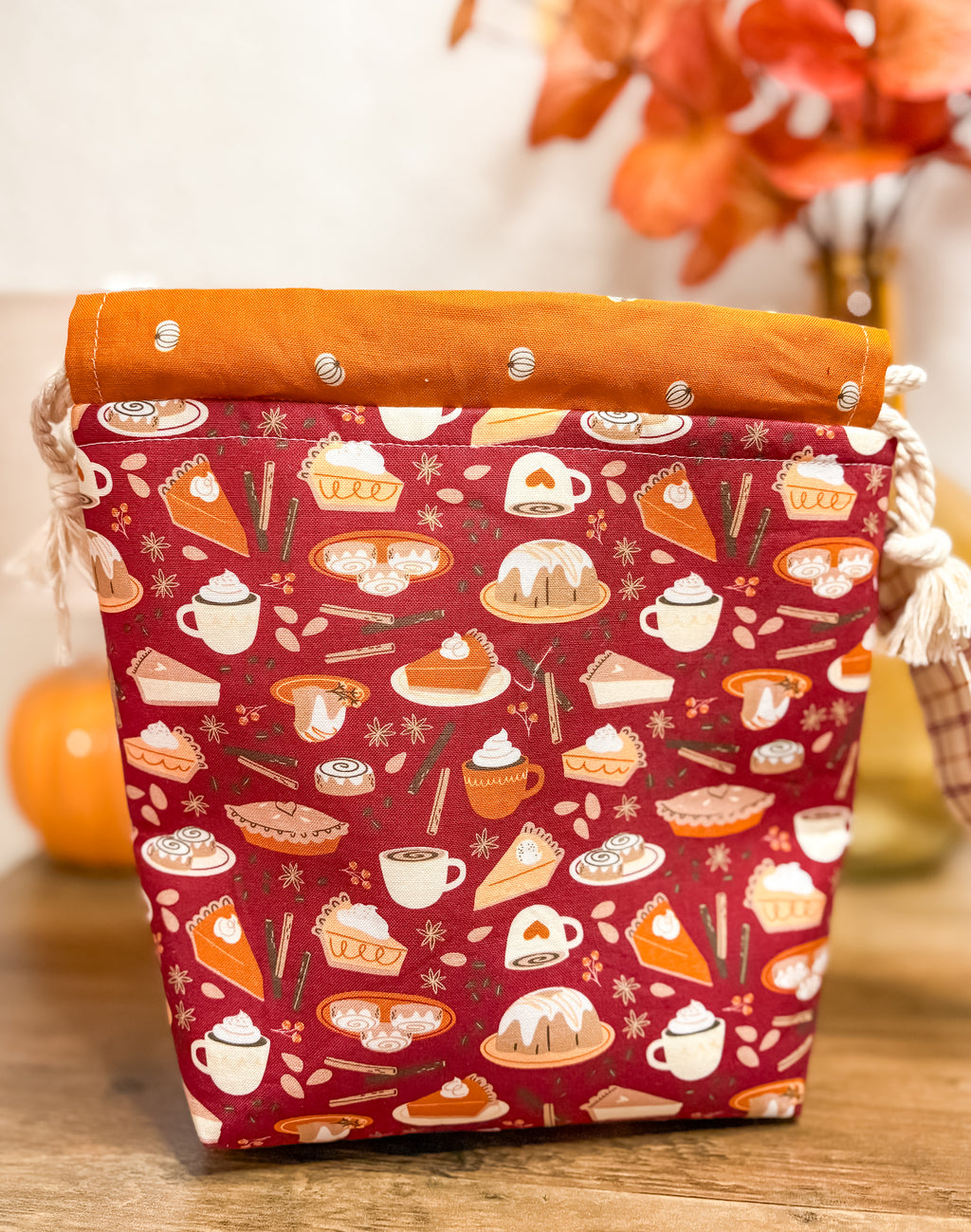 Cider and Pumpkin Spice Drawstring Bag with Pocket (Medium and Regular Size)