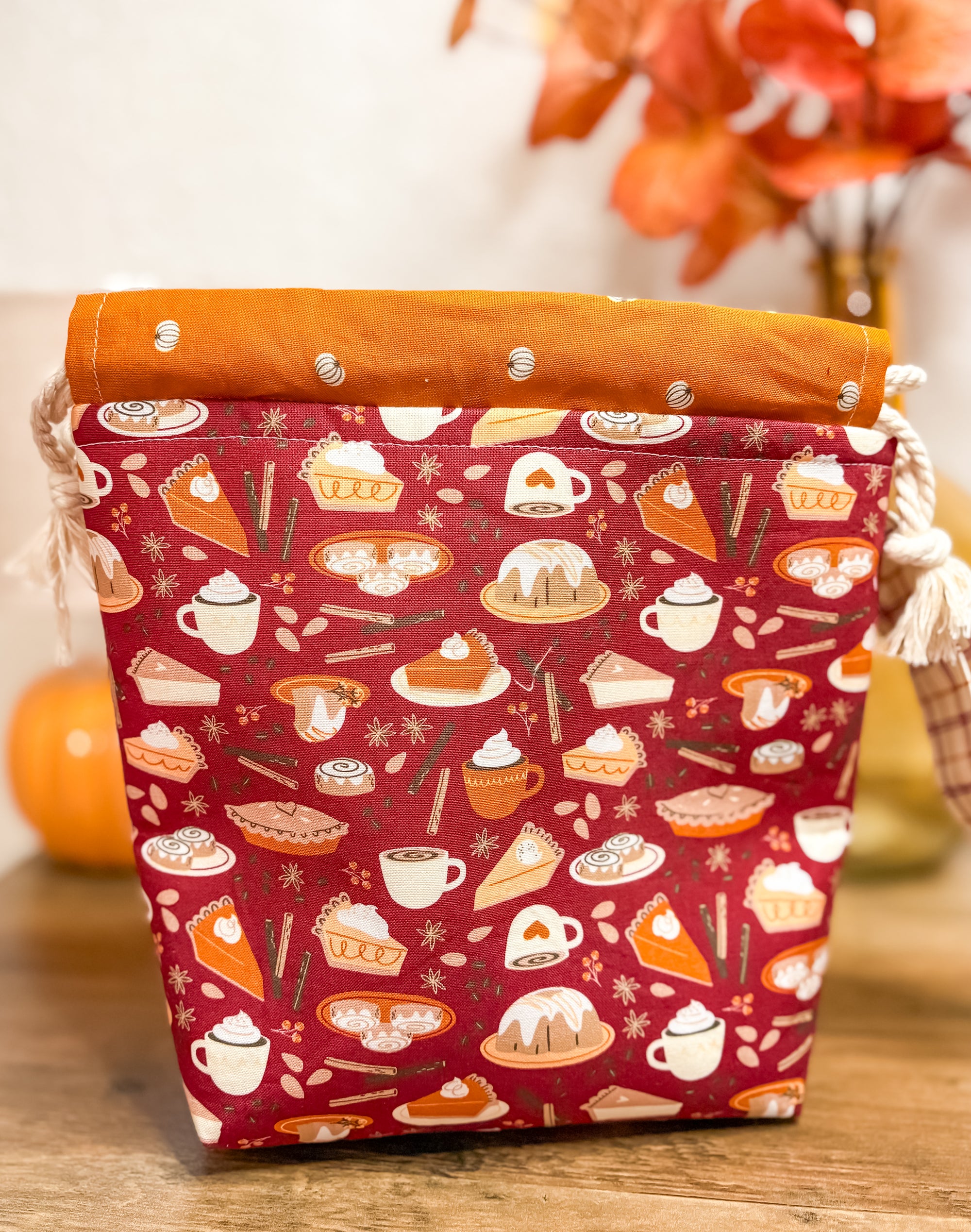 Cider and Pumpkin Spice Drawstring Bag with Pocket (Medium and Regular Size)