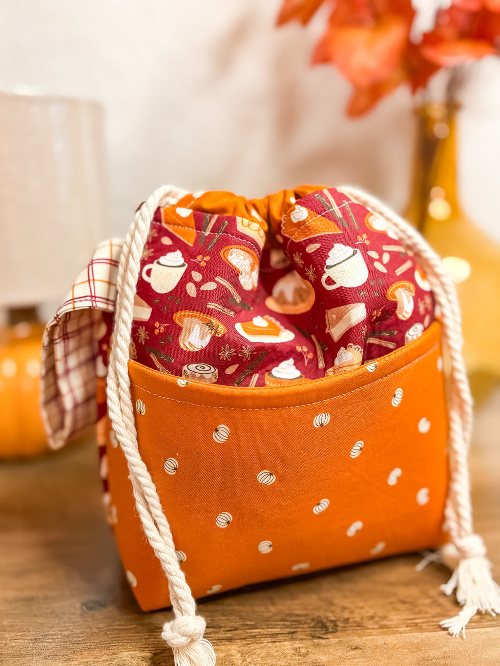 Cider and Pumpkin Spice Drawstring Bag with Pocket (Medium and Regular Size)