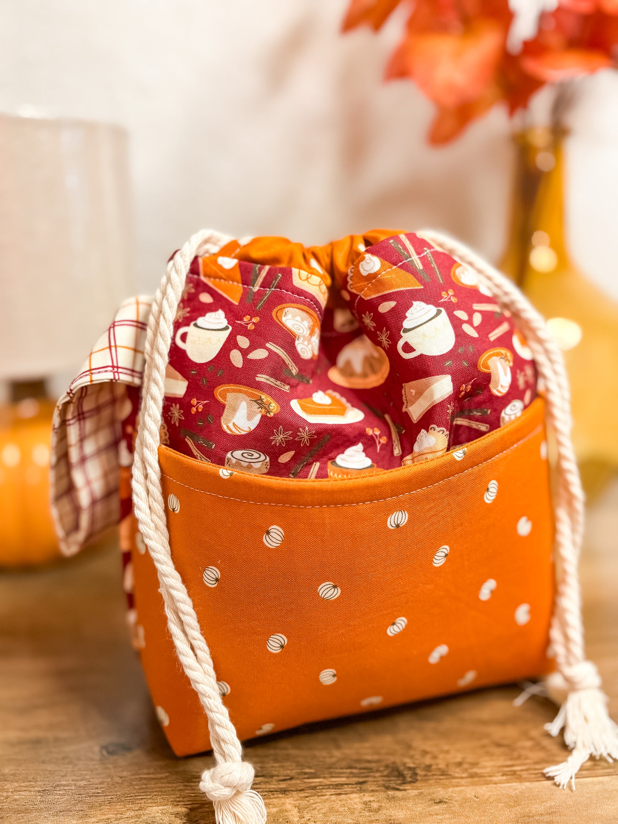 Cider and Pumpkin Spice Drawstring Bag with Pocket (Medium and Regular Size)