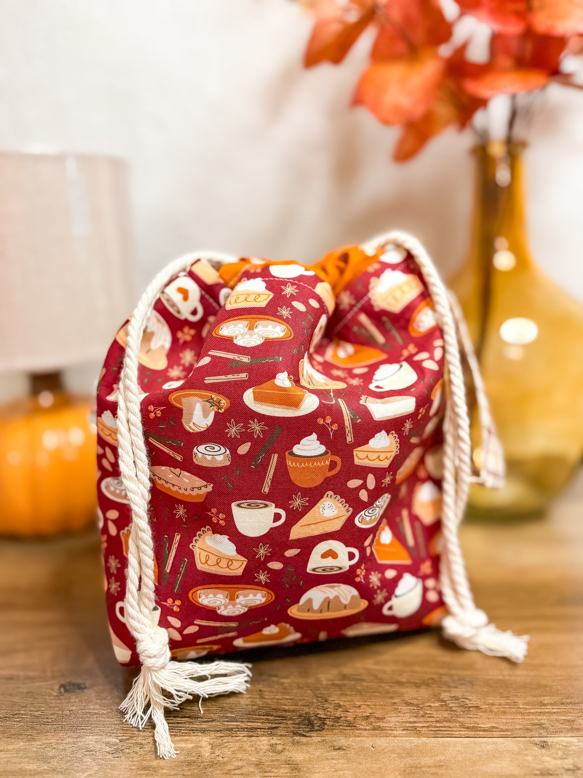 Cider and Pumpkin Spice Drawstring Bag with Pocket (Medium and Regular Size)