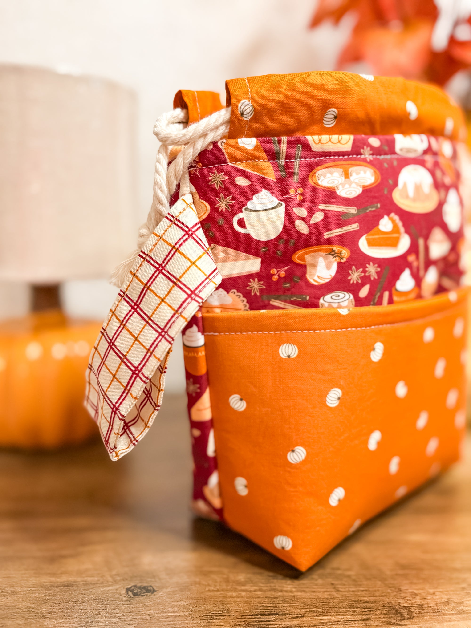 Cider and Pumpkin Spice Drawstring Bag with Pocket (Medium and Regular Size)
