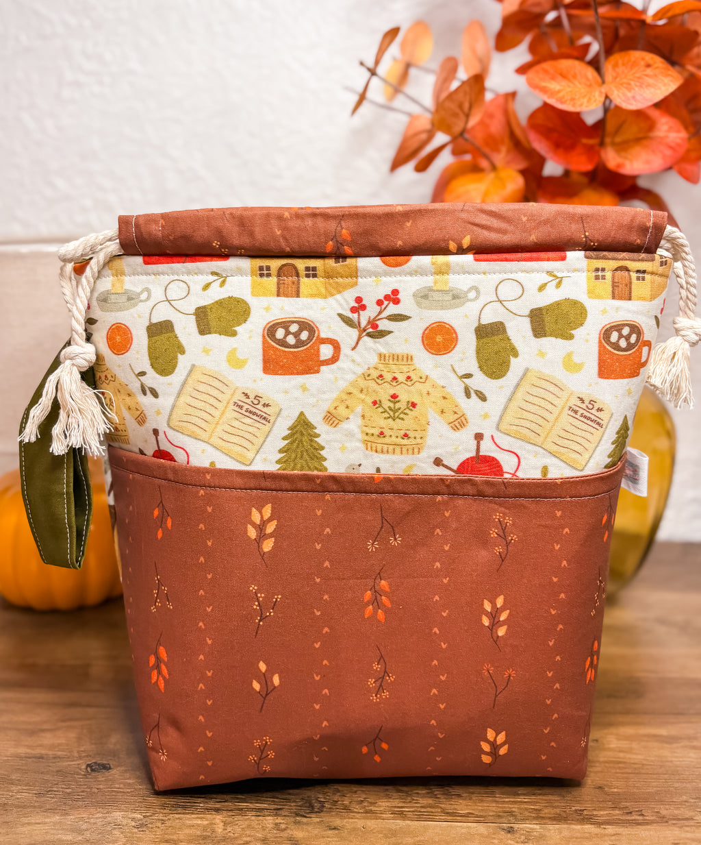 Cozy Fall Cottage Drawstring Project Bag with Pocket