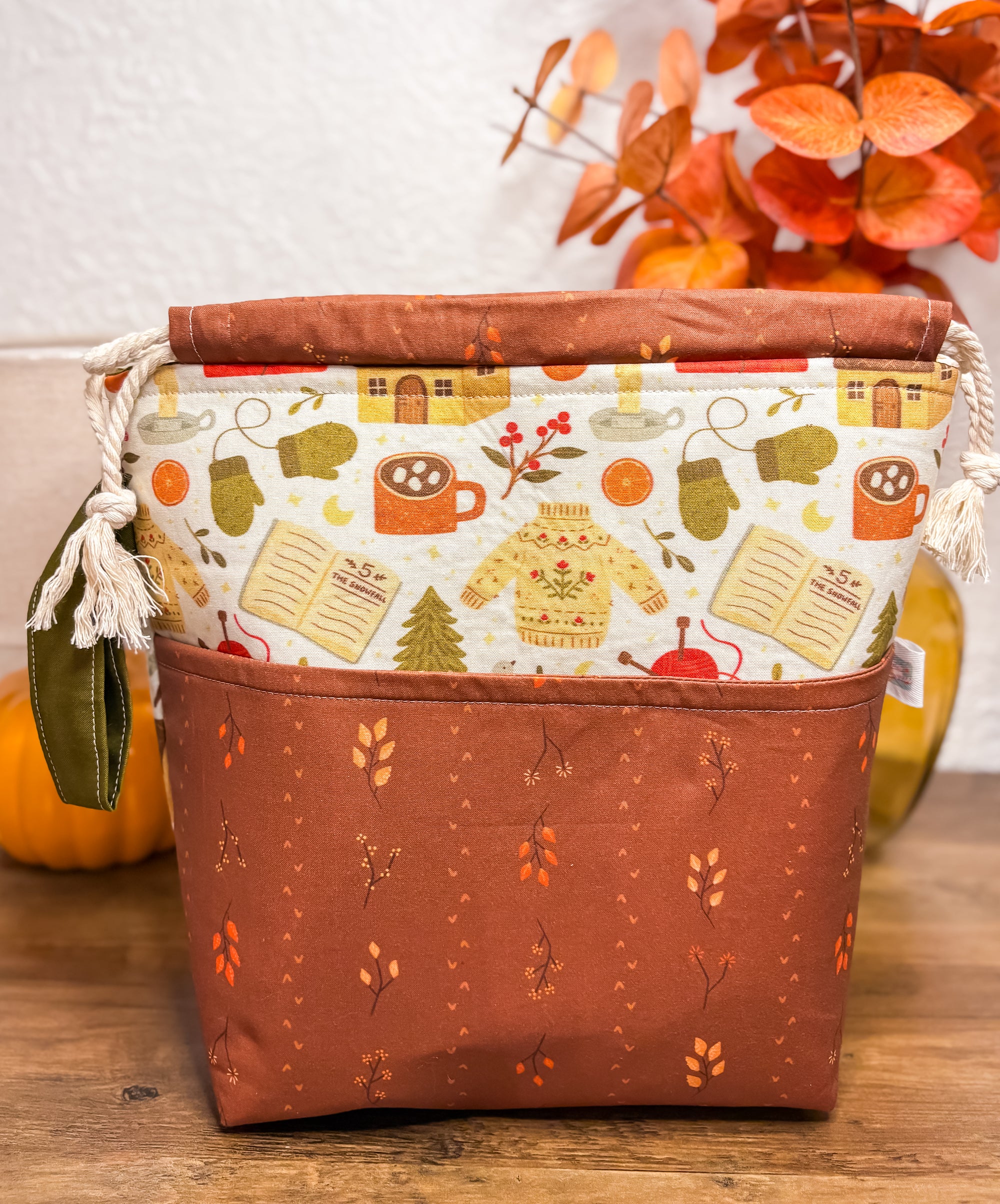 Cozy Fall Cottage Drawstring Project Bag with Pocket