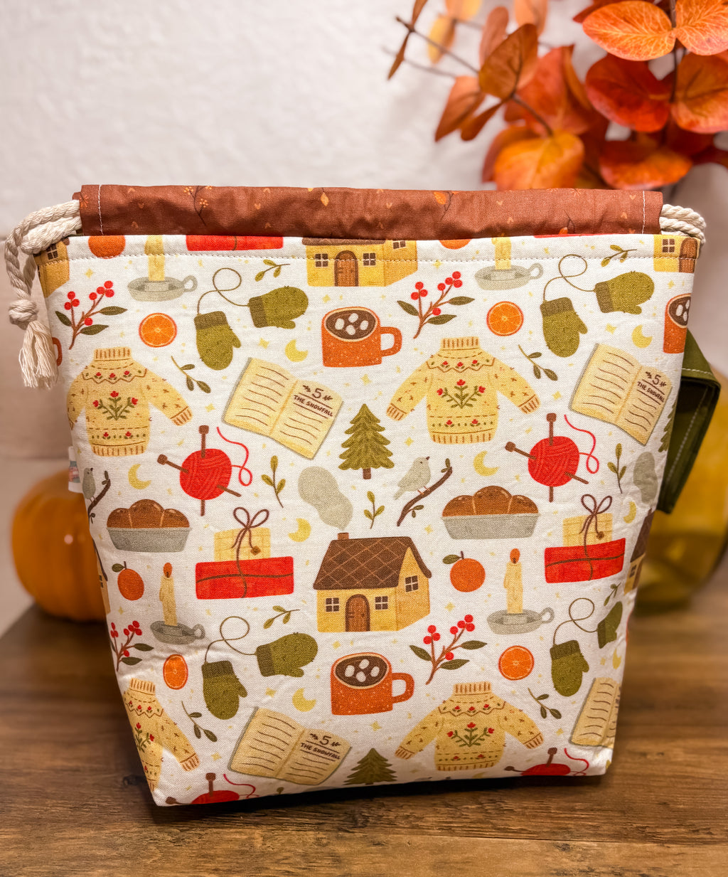 Cozy Fall Cottage Drawstring Project Bag with Pocket