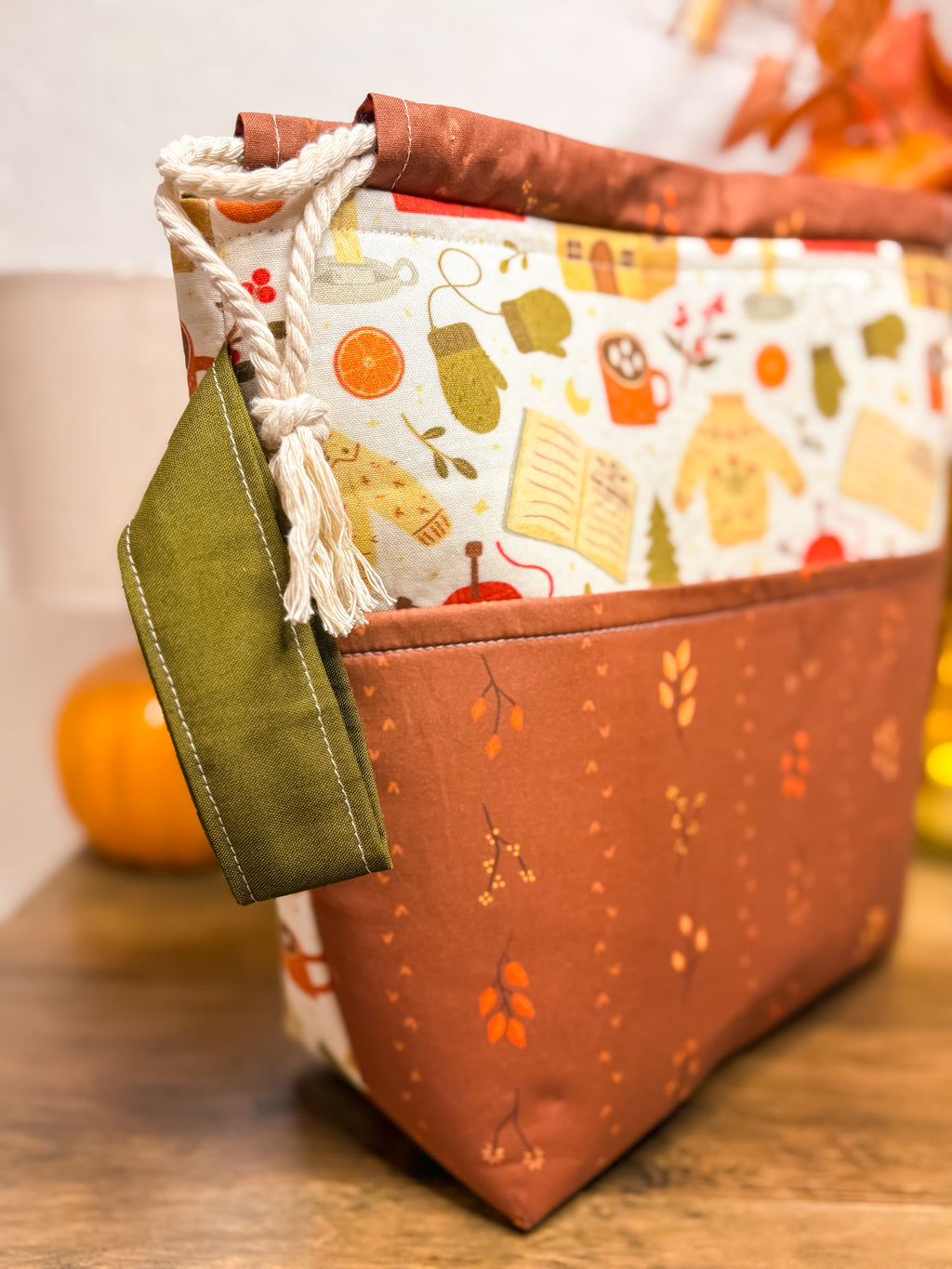 Cozy Fall Cottage Drawstring Project Bag with Pocket