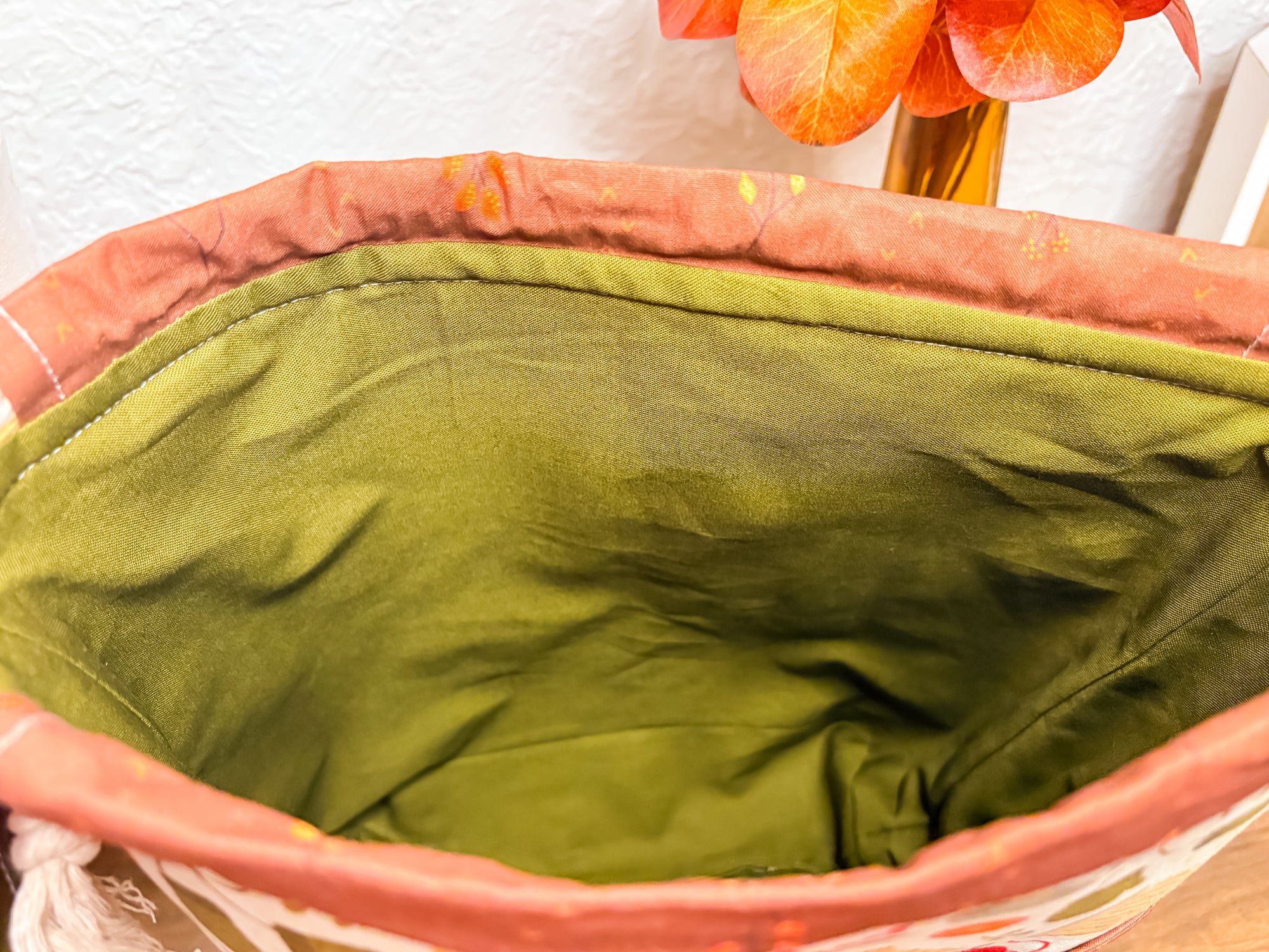 Cozy Fall Cottage Drawstring Project Bag with Pocket