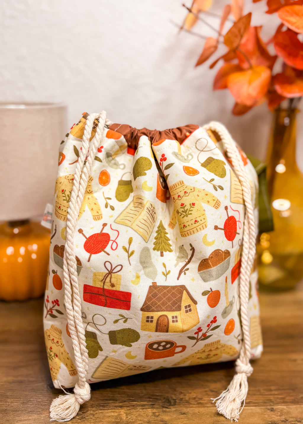 Cozy Fall Cottage Drawstring Project Bag with Pocket