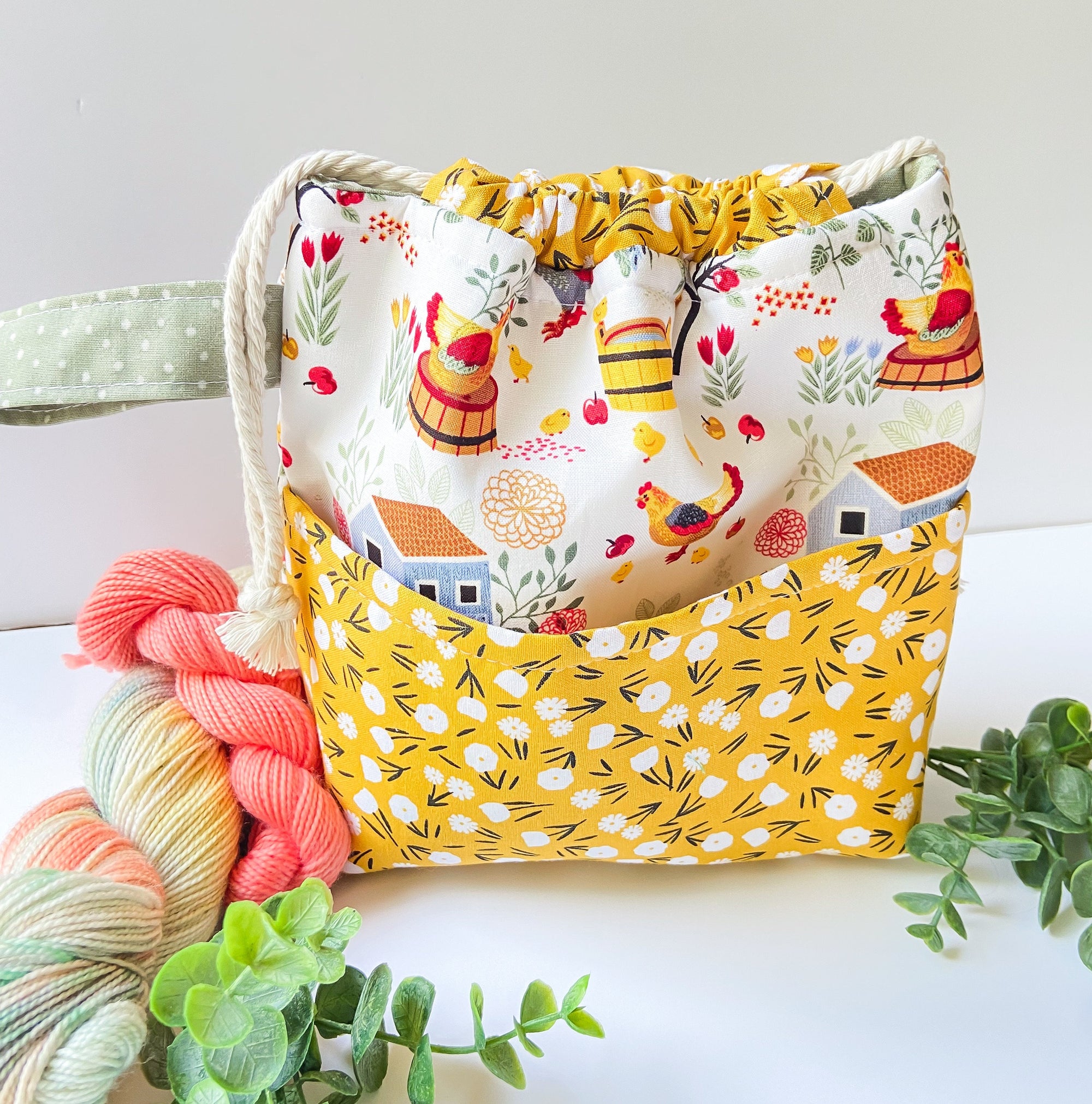 The Sunny Chicken Drawstring Project Bag with Pocket
