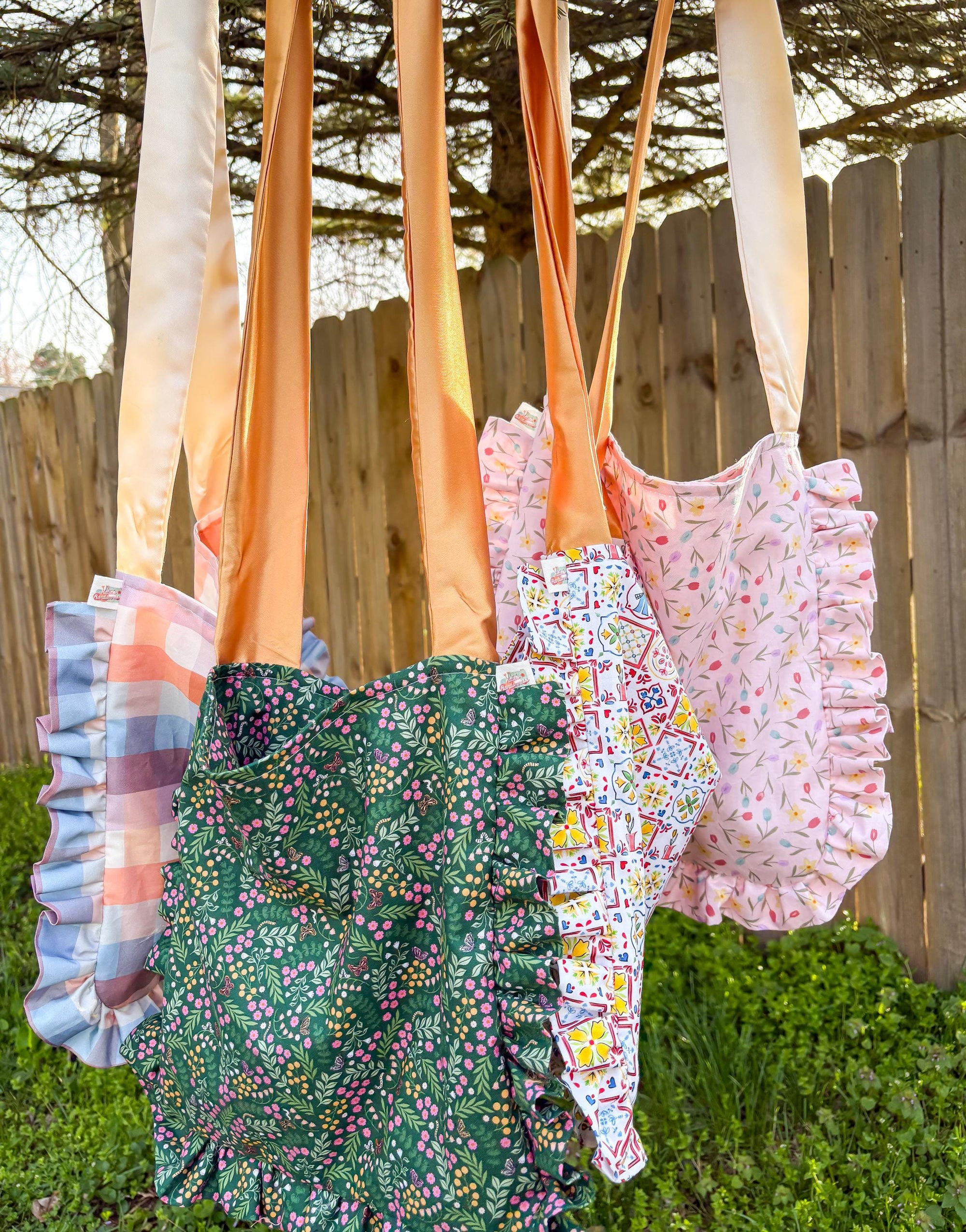 Ruffle Tote Bags with Adjustable Ribbon Ties