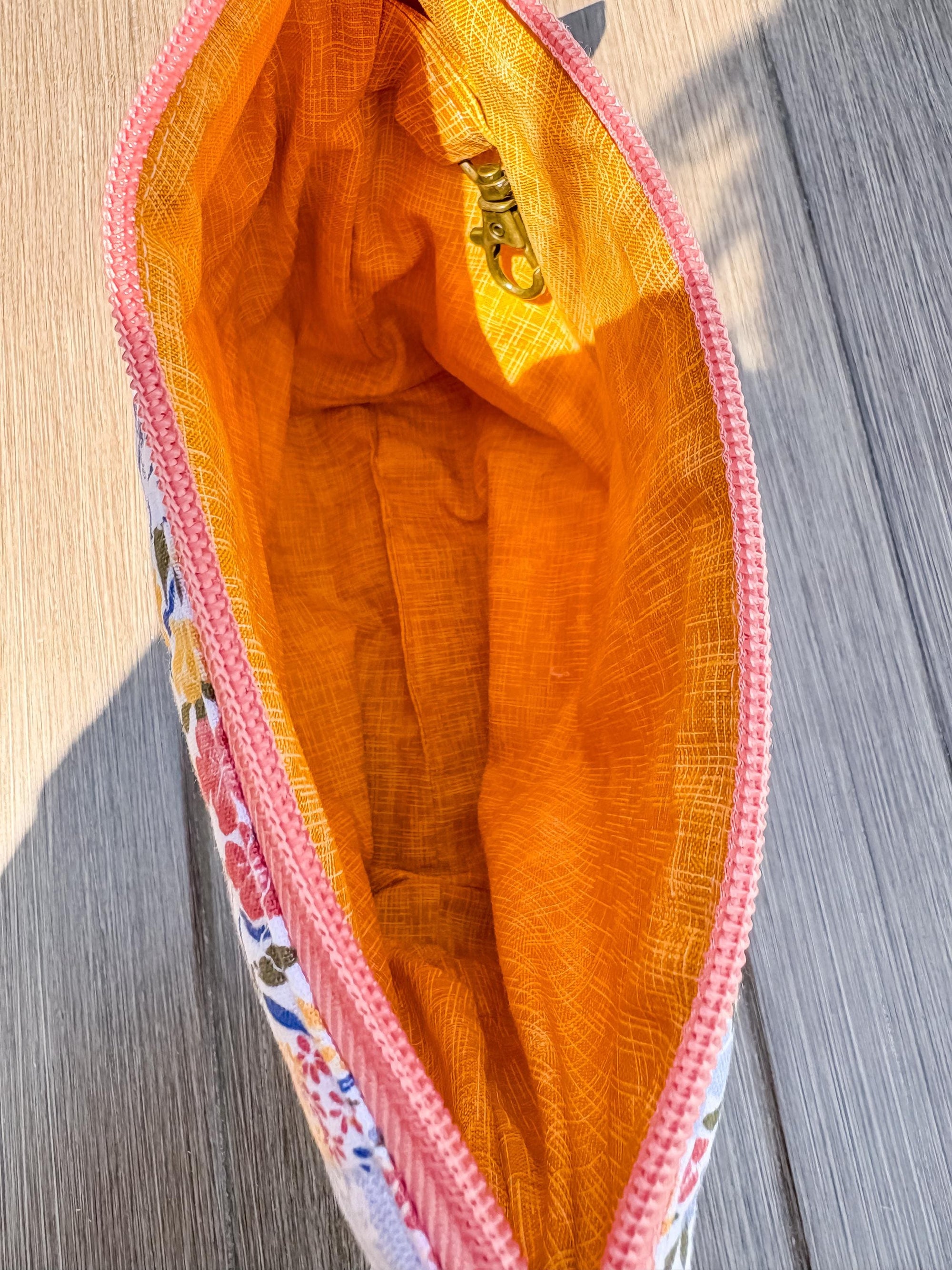 Floral Picnic Quilted Project Bag with Zipper and Notions Clasp for Crochet and Knitting