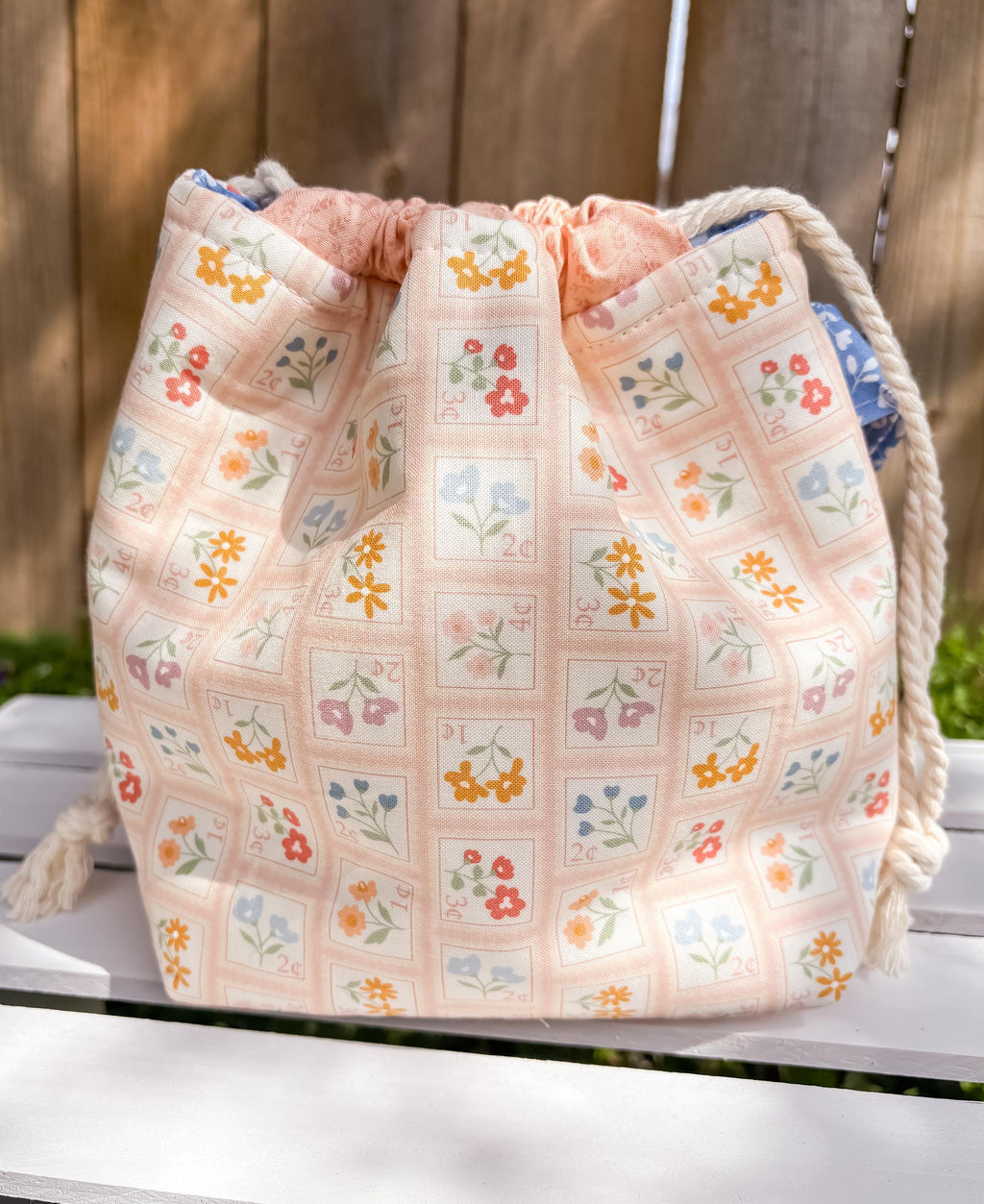 Pretty Postage Drawstring Project Bag with Pocket