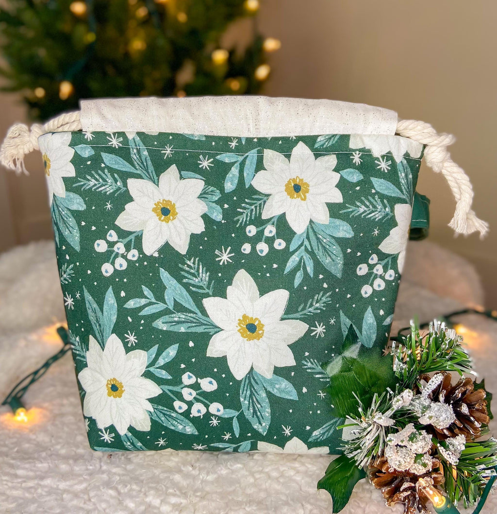 White Pointsettas Drawstring Project Bag with Pocket