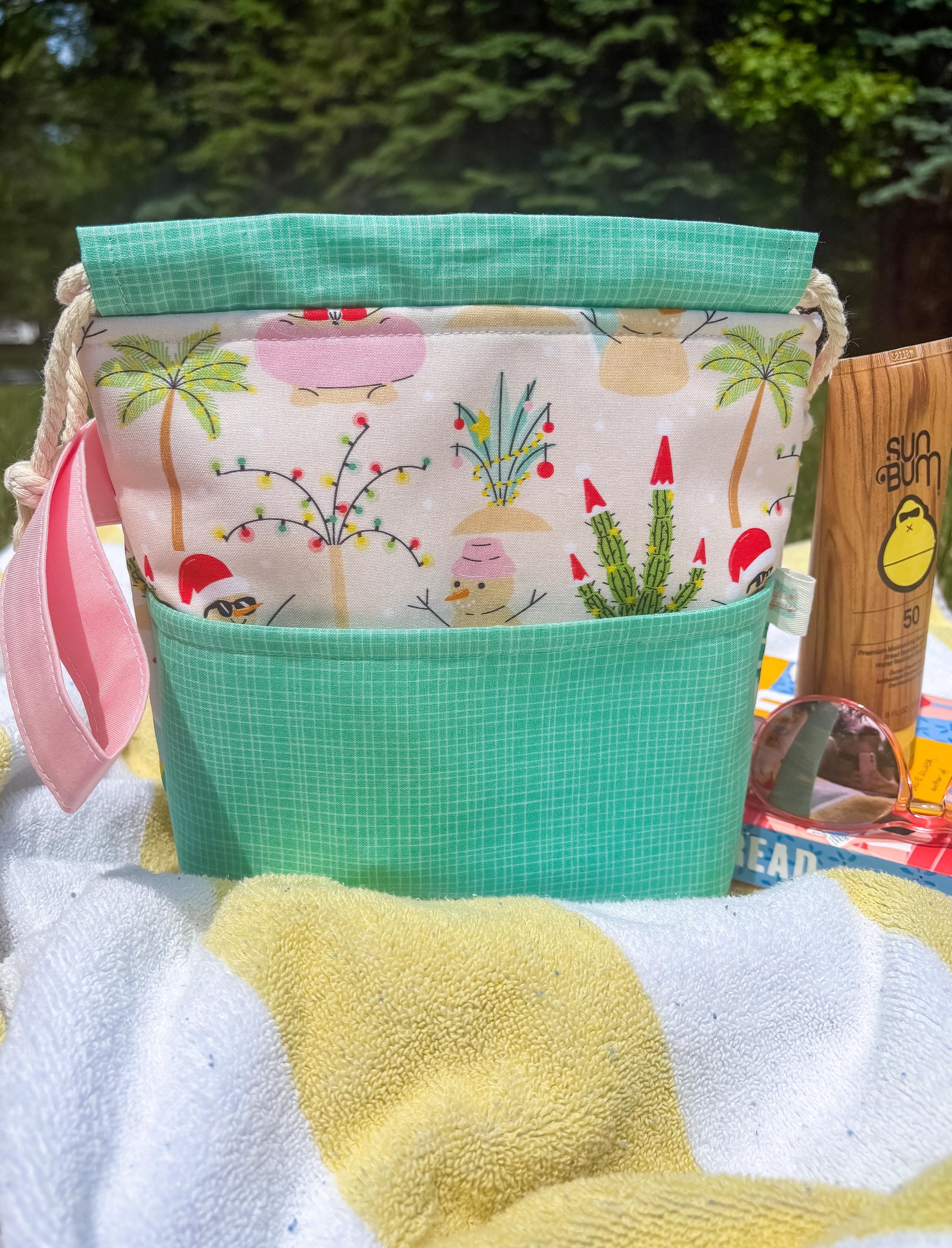 Santa’s Tropical Vacation Drawstring Project Bag with Pocket for Crochet and Knitting