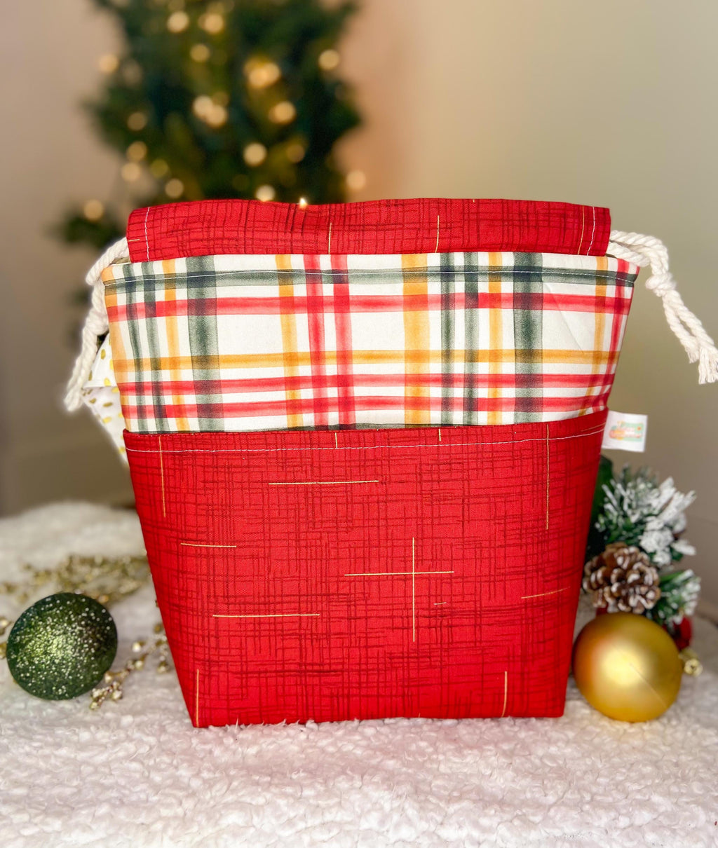 Vintage Christmas Drawstring Project Bag with Pocket