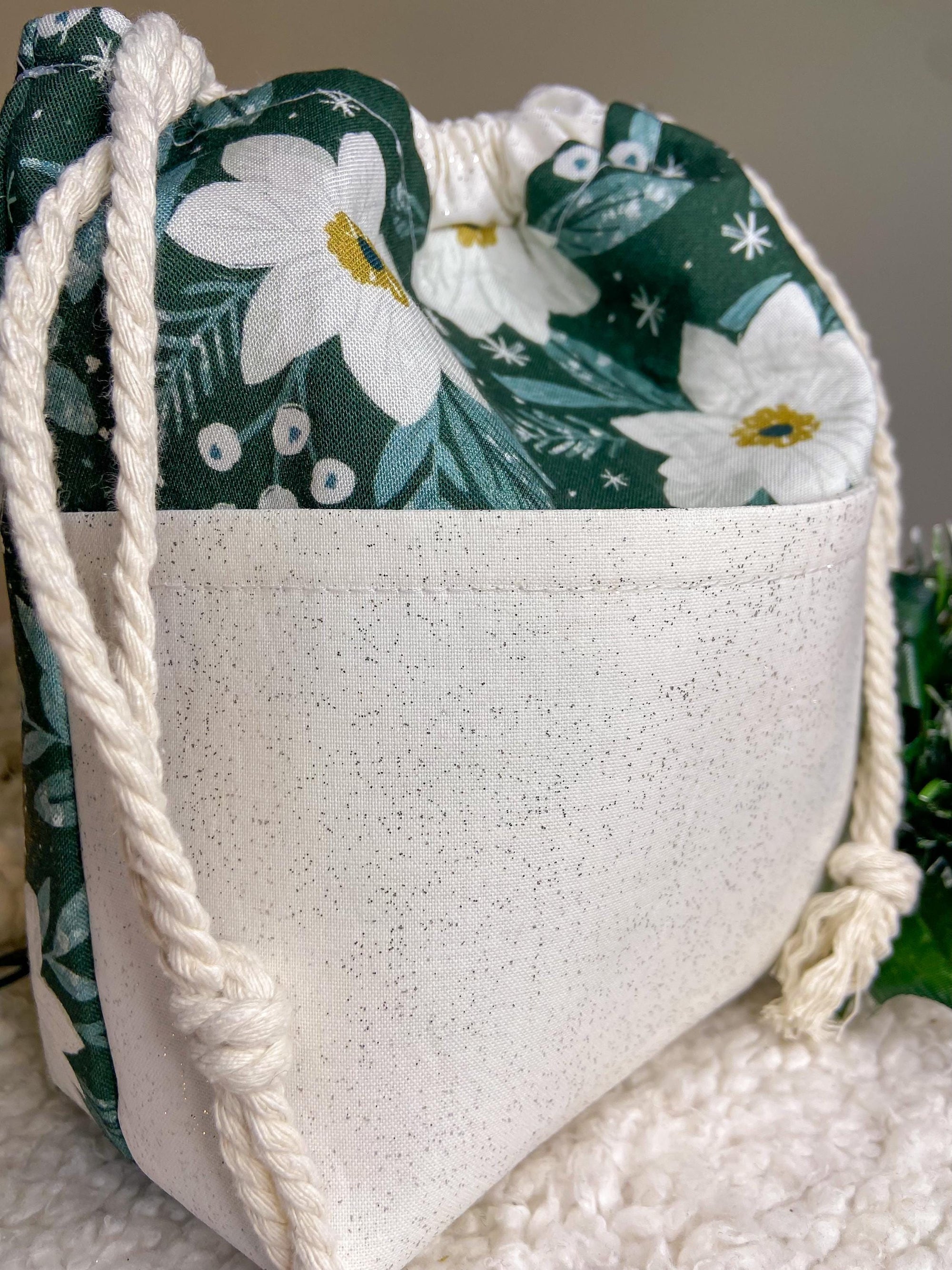 White Pointsettas Drawstring Project Bag with Pocket