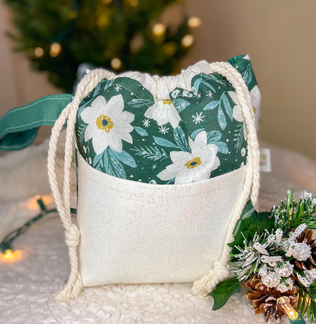 White Pointsettas Drawstring Project Bag with Pocket