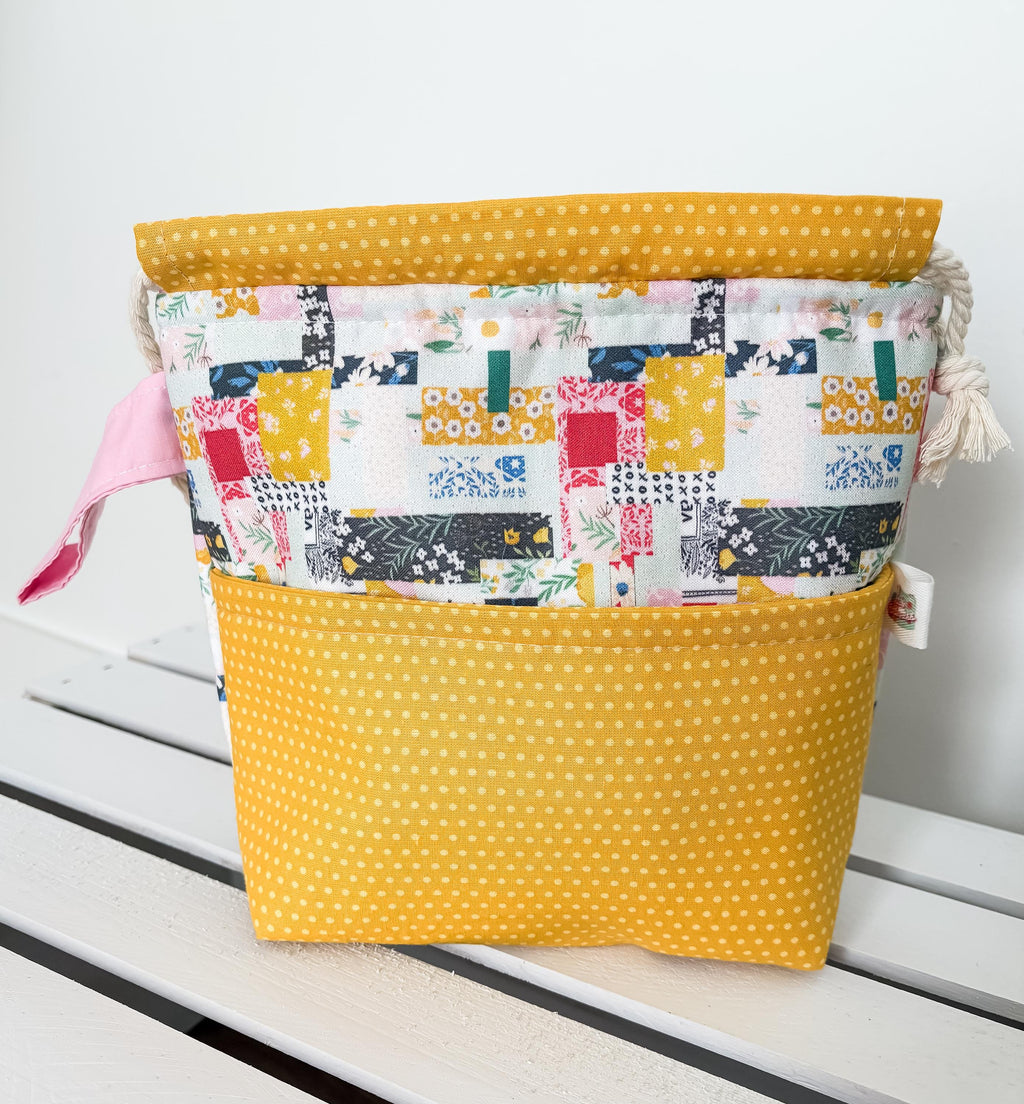 Patchwork Project Bag with Pocket and Drawstring