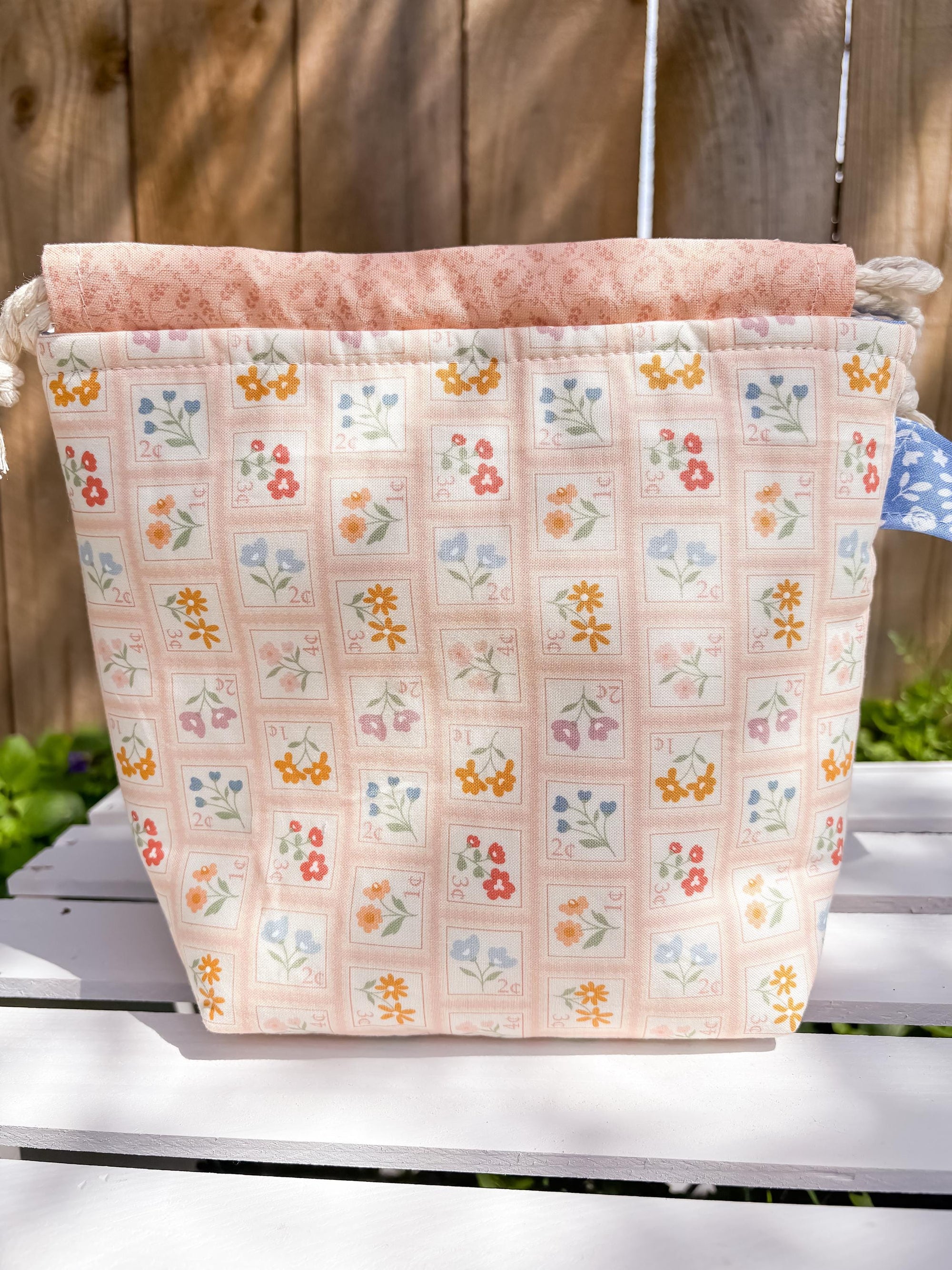 Pretty Postage Drawstring Project Bag with Pocket